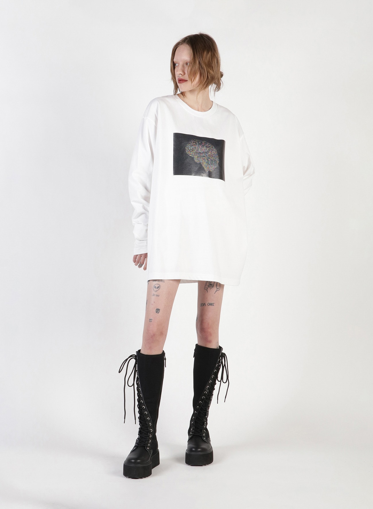 Ascii Brain Print Oversized Long T-Shirt(S White): Vintage 1.1 
