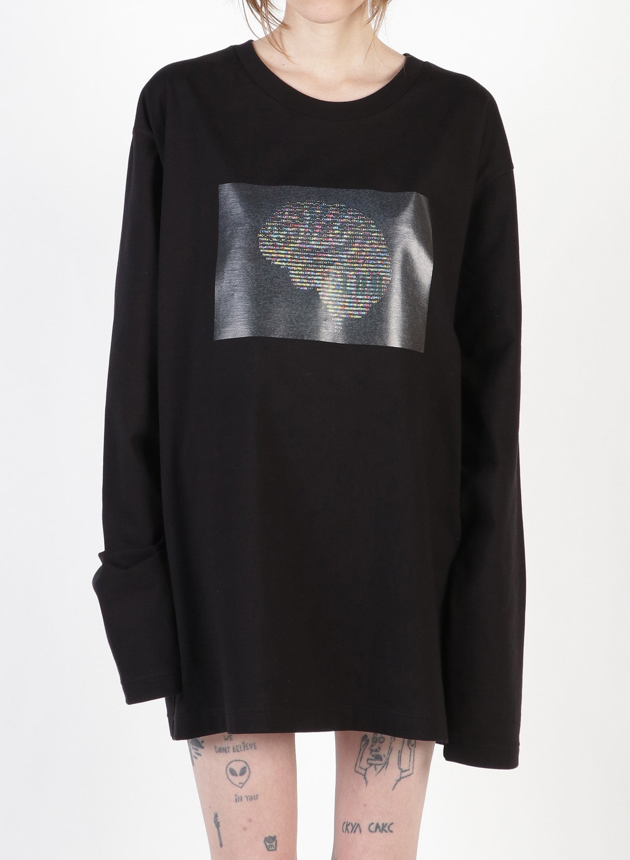 Ascii Brain Print Oversized Long T-Shirt