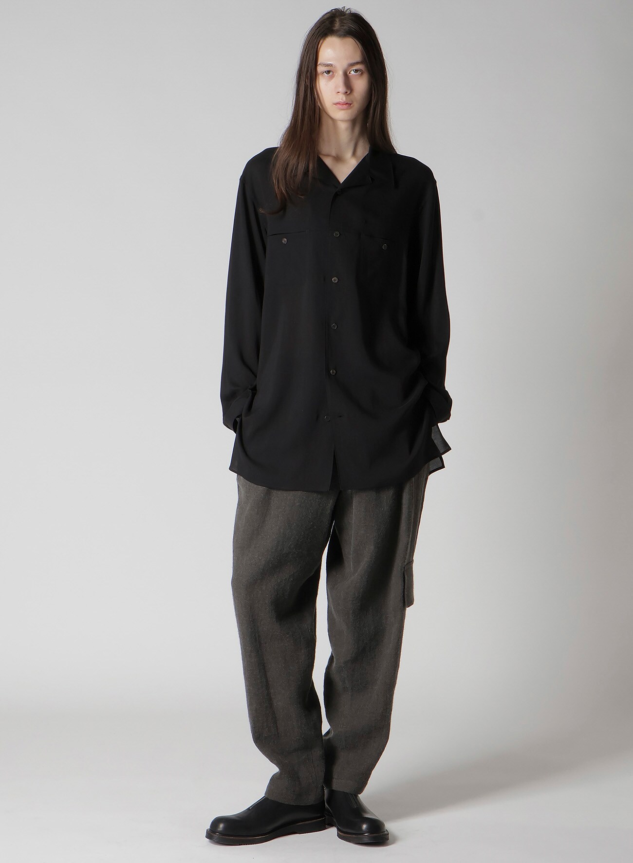 CELLULOSE LAWN PANEL OPEN-COLLAR SHIRT