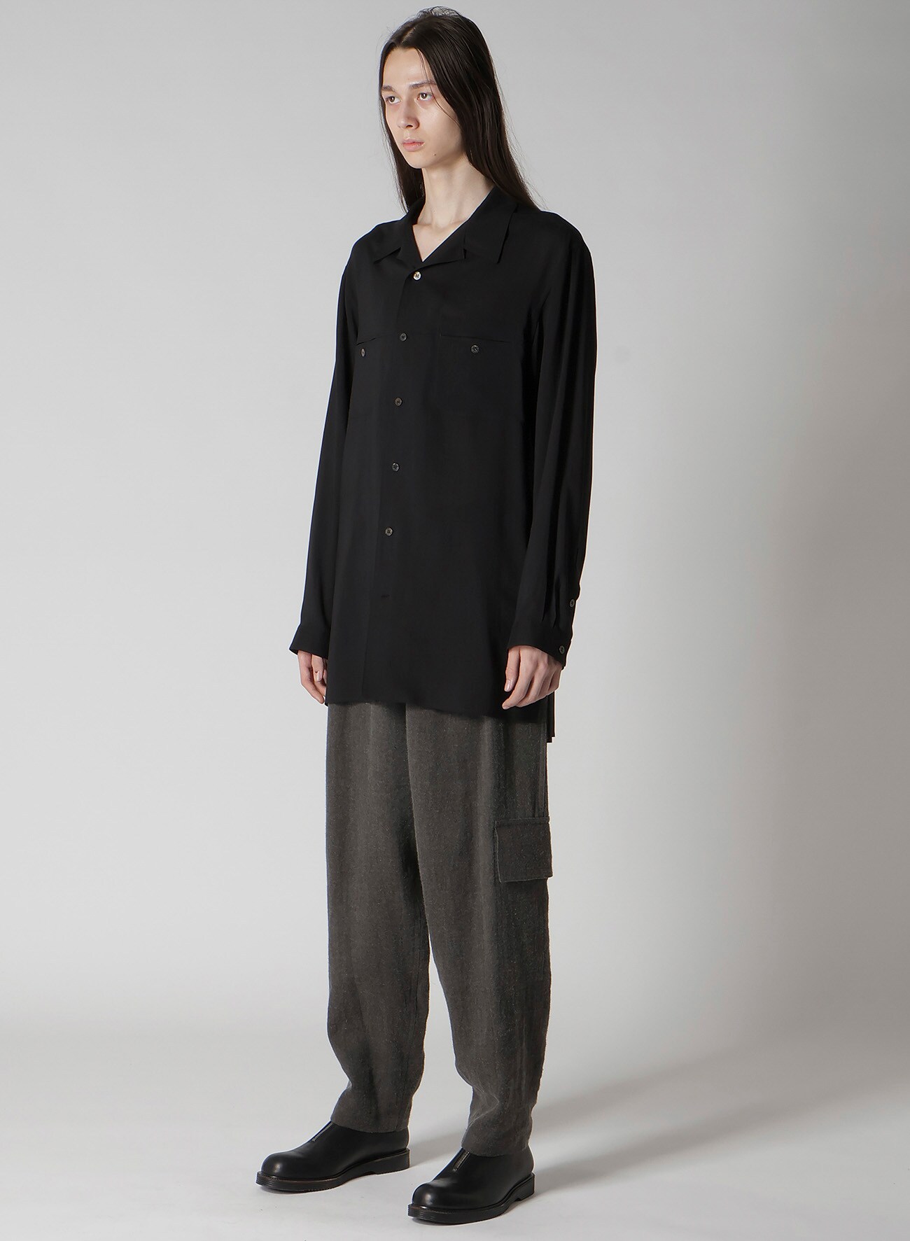 CELLULOSE LAWN PANEL OPEN-COLLAR SHIRT