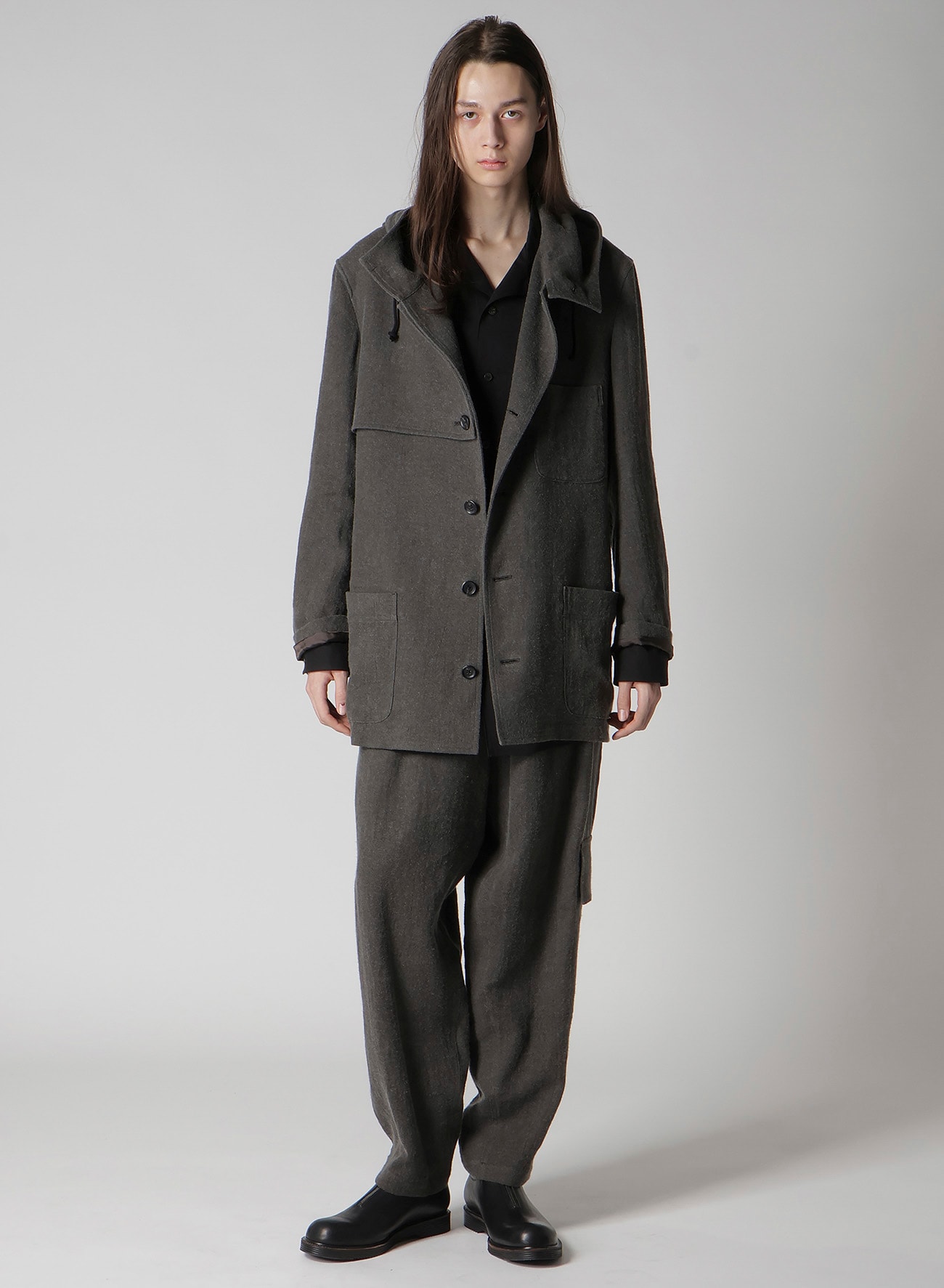 INK-DYED LINEN-WOOL VIYELLA HOODED JACKET