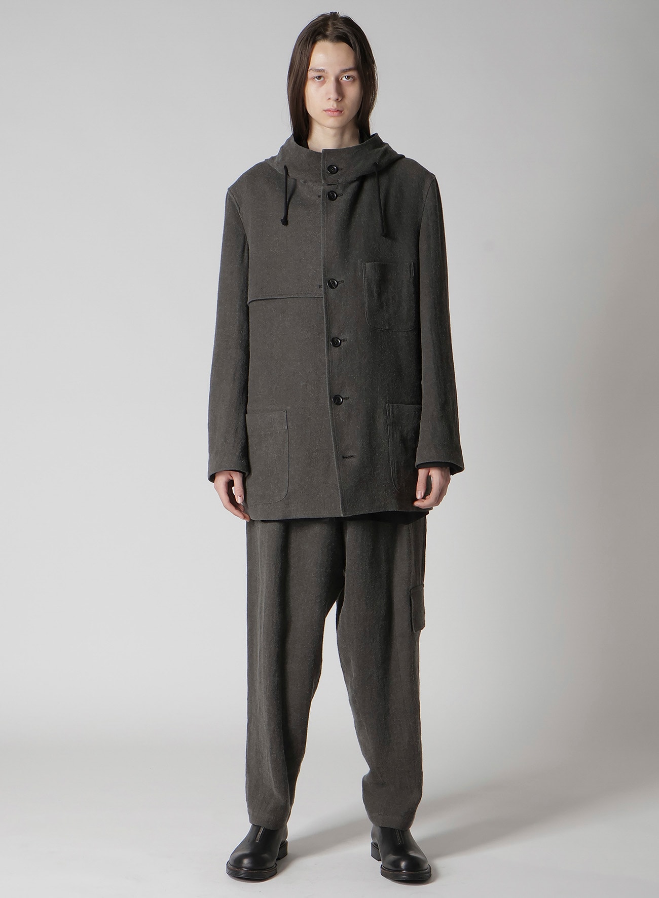 INK-DYED LINEN-WOOL VIYELLA HOODED JACKET