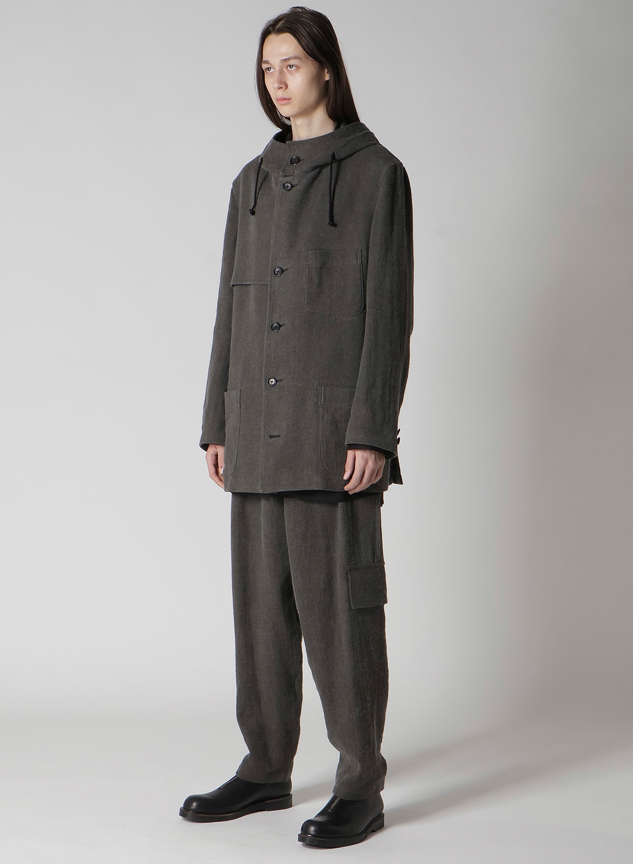 INK-DYED LINEN-WOOL VIYELLA HOODED JACKET