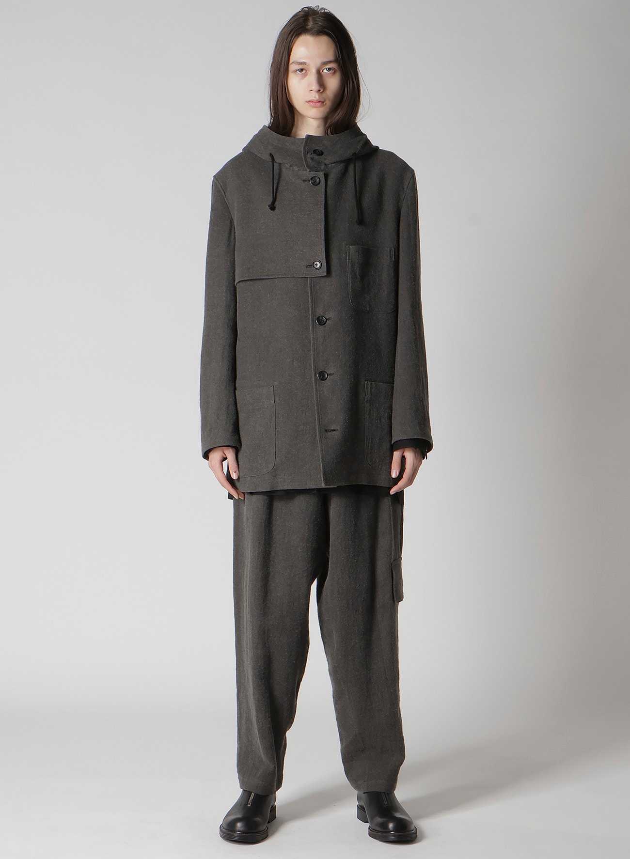 INK-DYED LINEN-WOOL VIYELLA HOODED JACKET