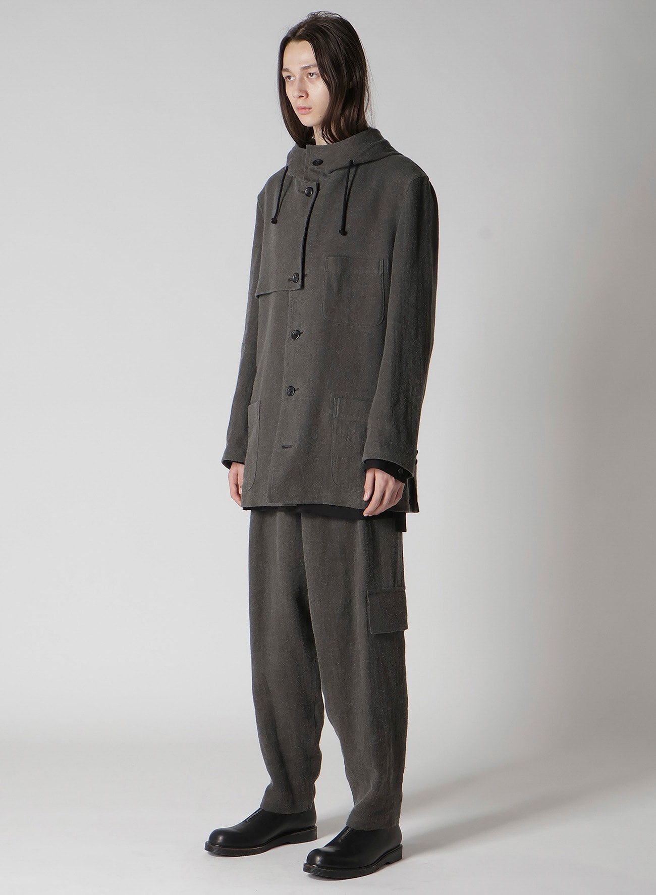 INK-DYED LINEN-WOOL VIYELLA HOODED JACKET