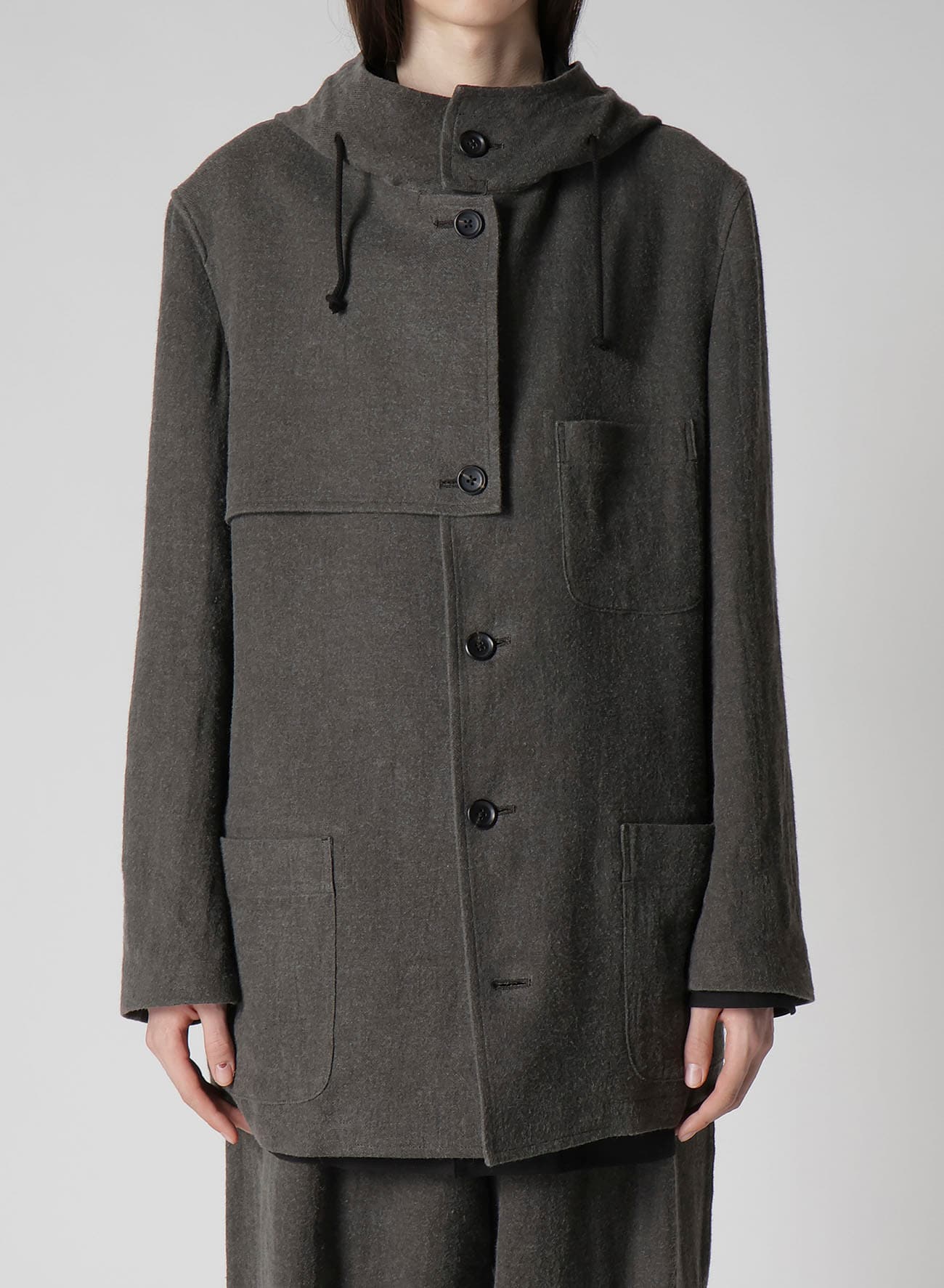 INK-DYED LINEN-WOOL VIYELLA HOODED JACKET