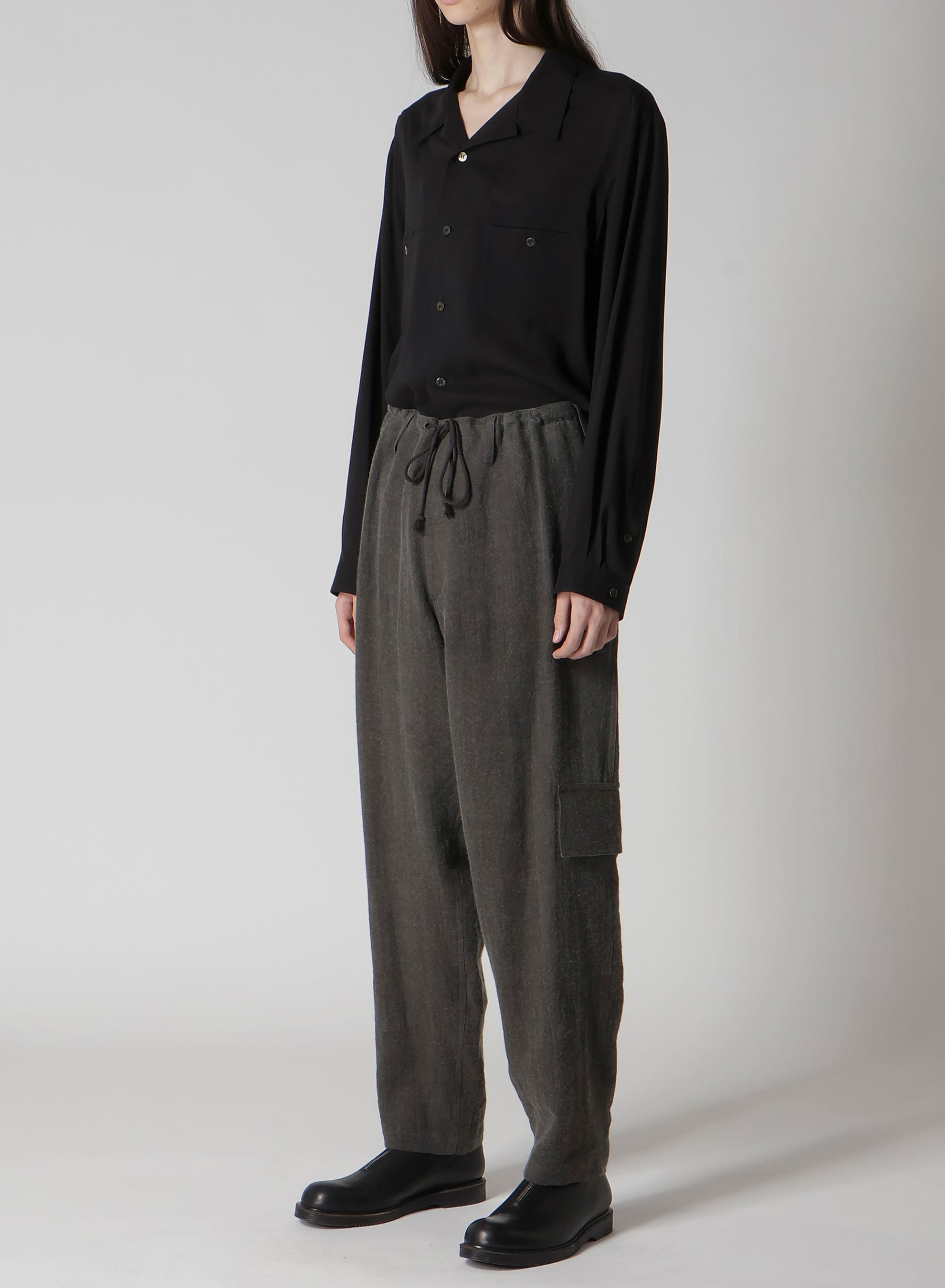 INK-DYED LINEN-WOOL VIYELLA SIDE TUCK STRING PANTS