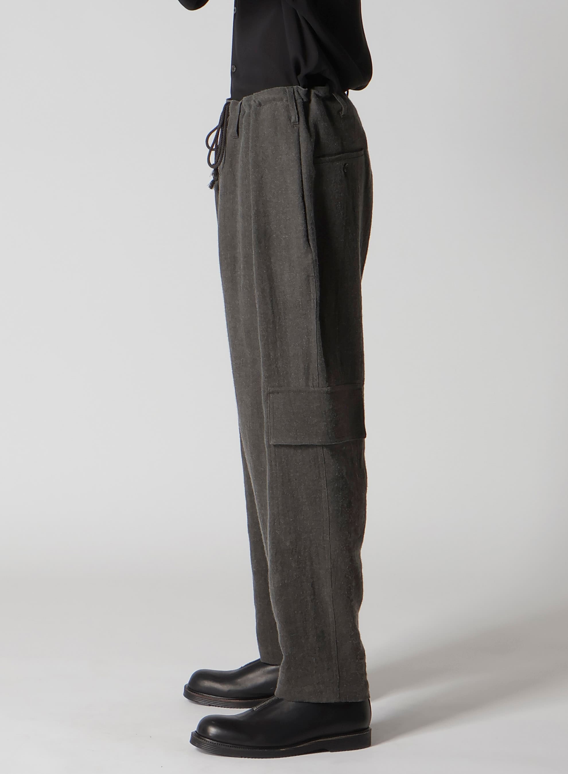 INK-DYED LINEN-WOOL VIYELLA SIDE TUCK STRING PANTS