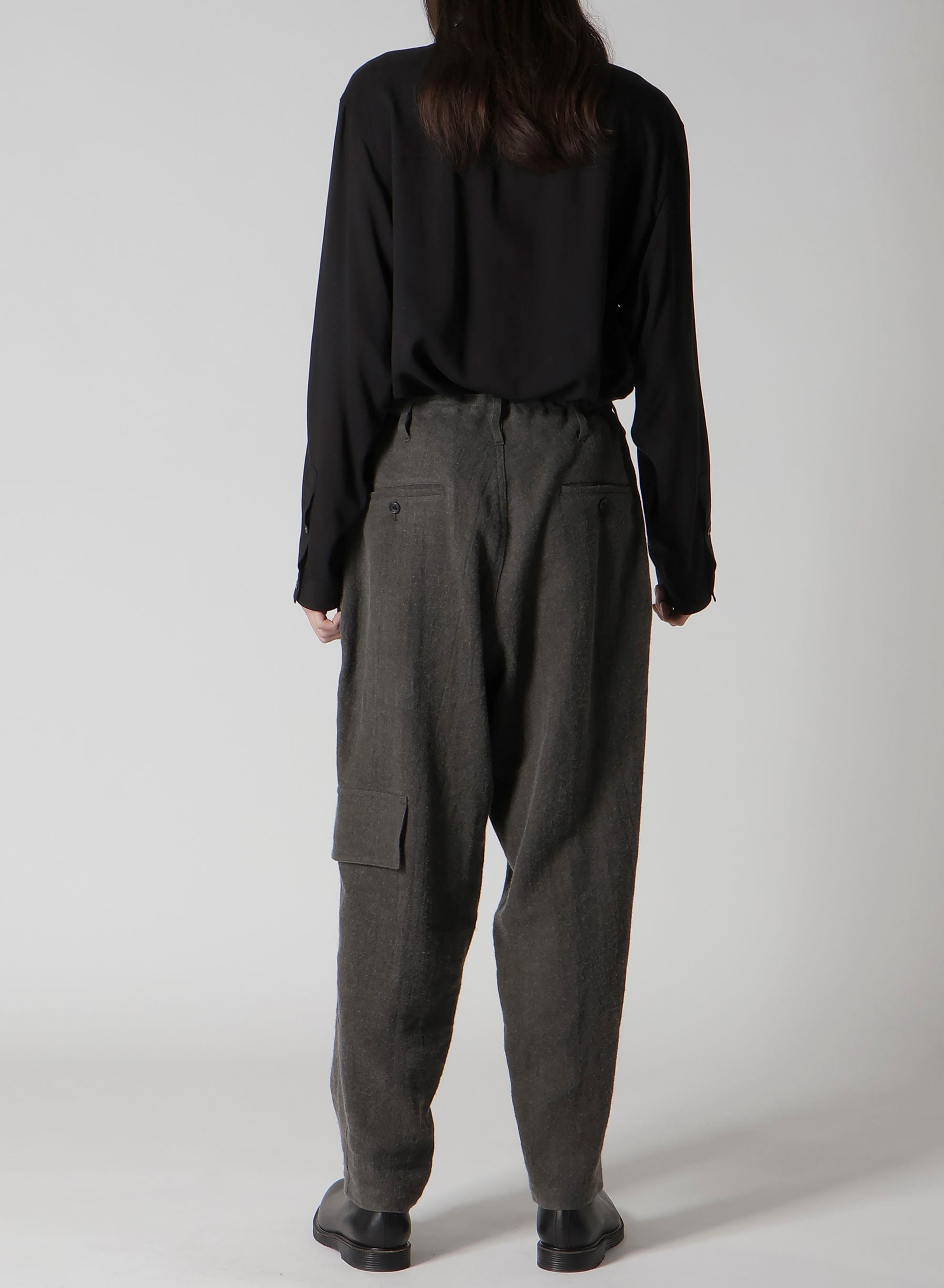 INK-DYED LINEN-WOOL VIYELLA SIDE TUCK STRING PANTS