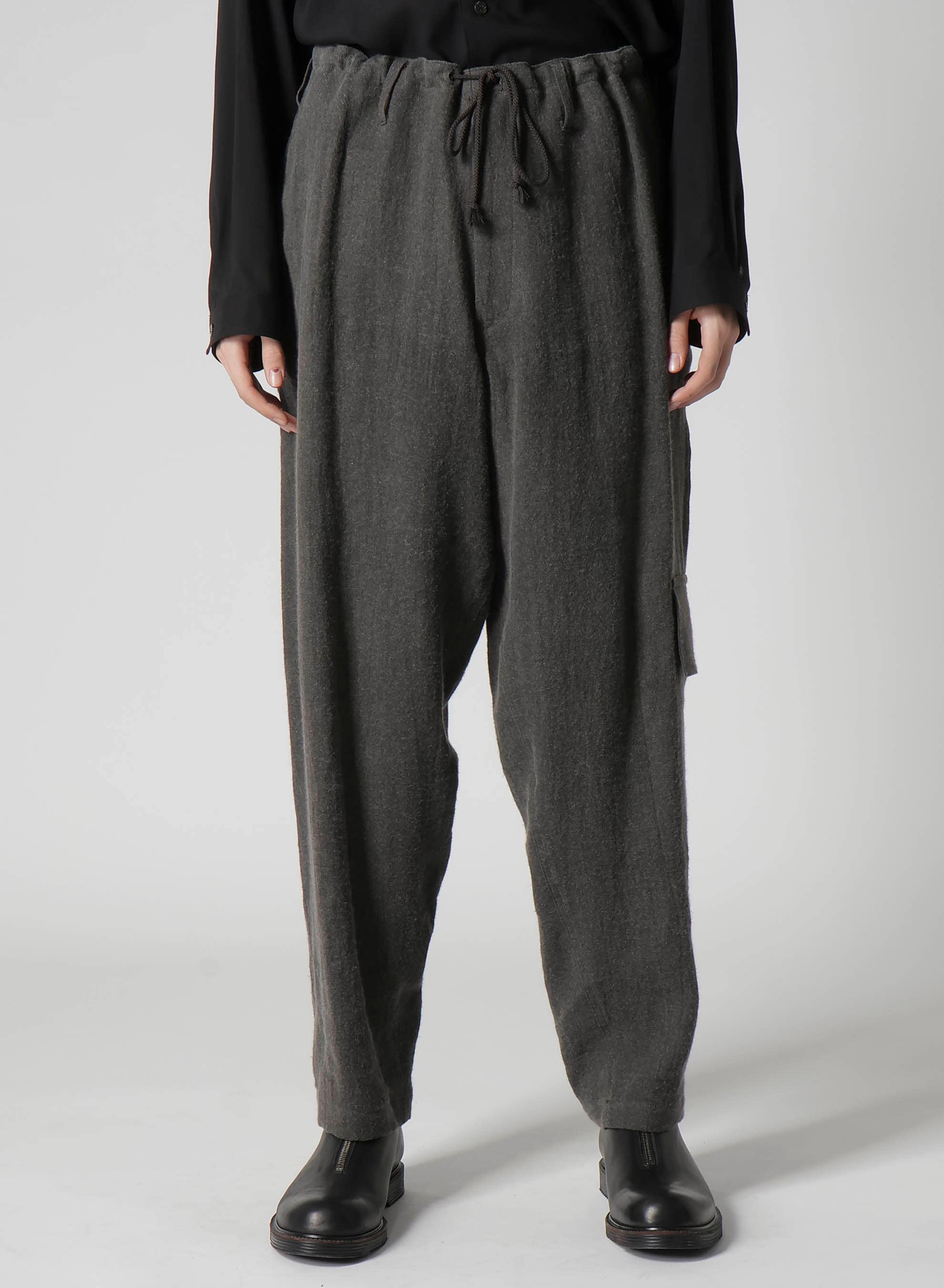 INK-DYED LINEN-WOOL VIYELLA SIDE TUCK STRING PANTS