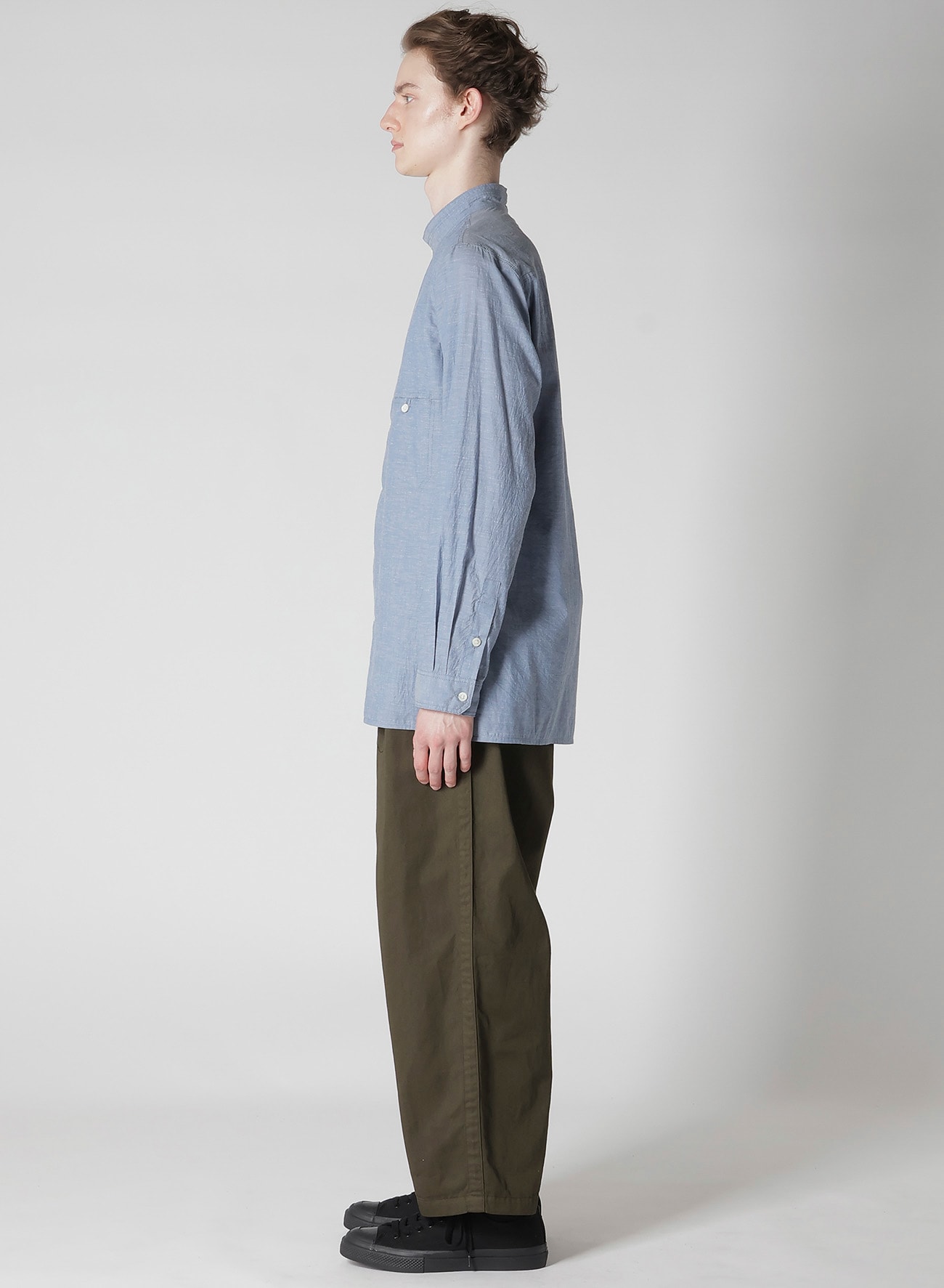 CHAIN STITCH CHAMBRAY SHIRT WITH STAND COLLAR