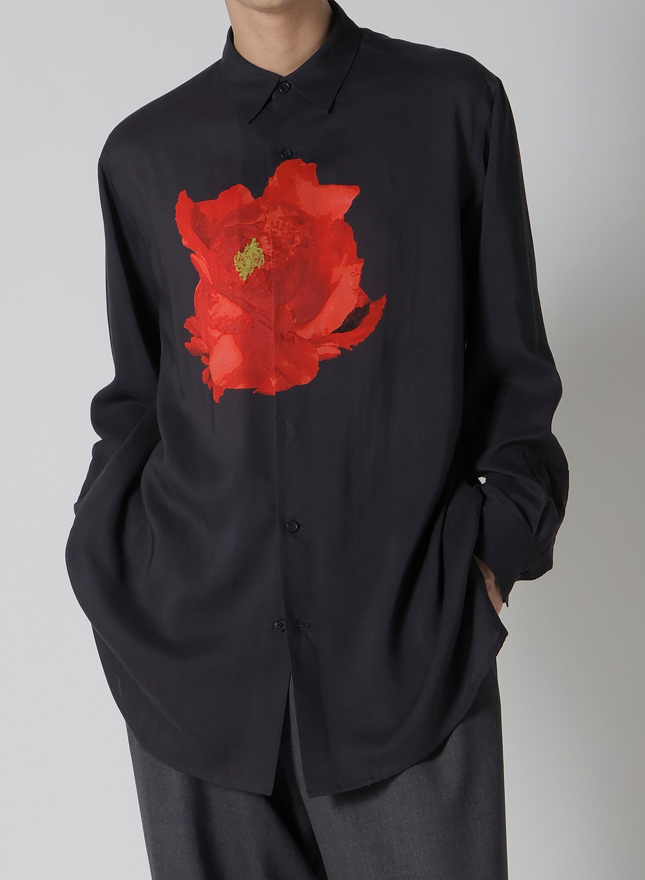 DEEP BLACK BIG SHIRT WITH LARGE RED FLOWER