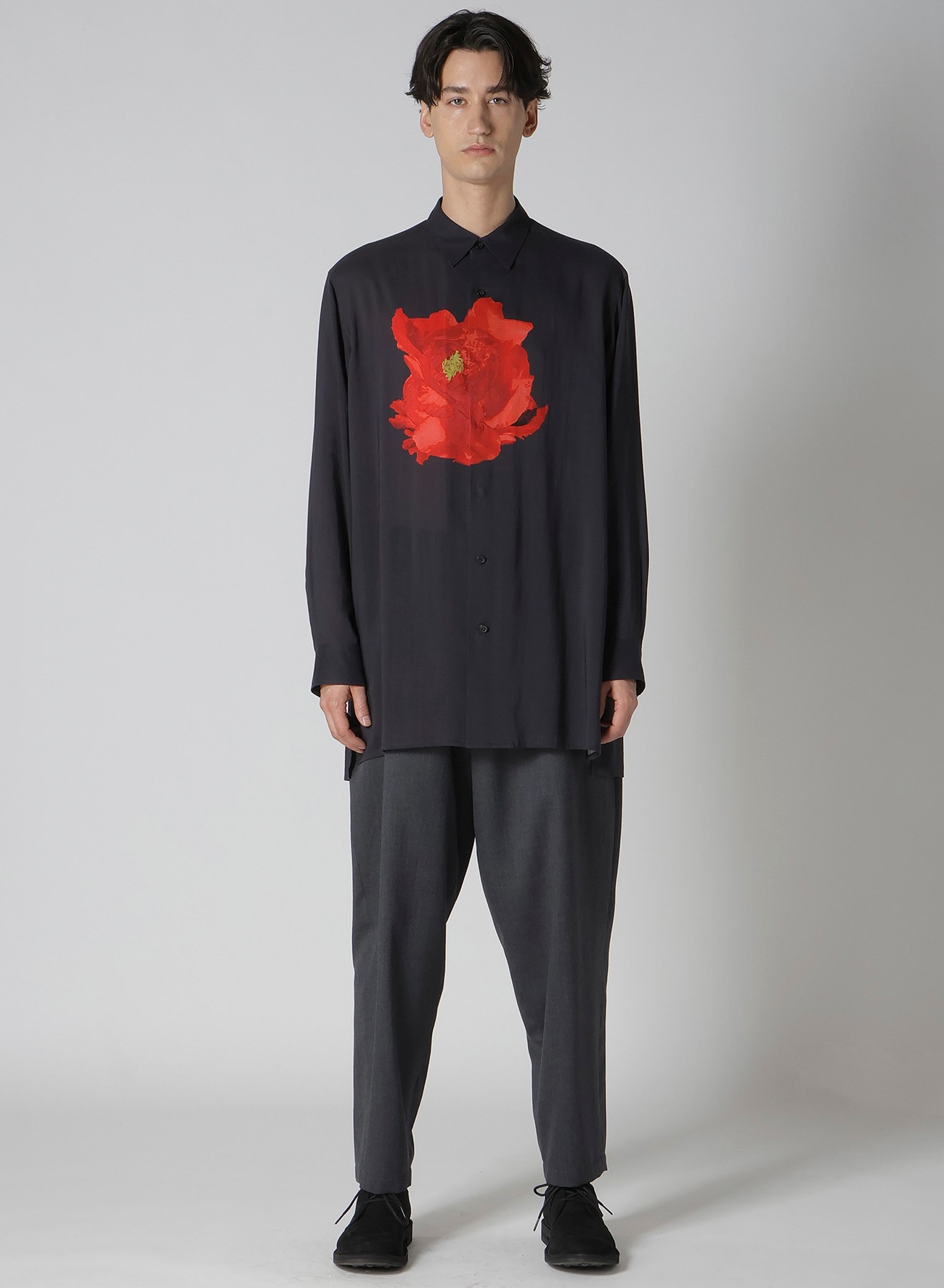 DEEP BLACK BIG SHIRT WITH LARGE RED FLOWER