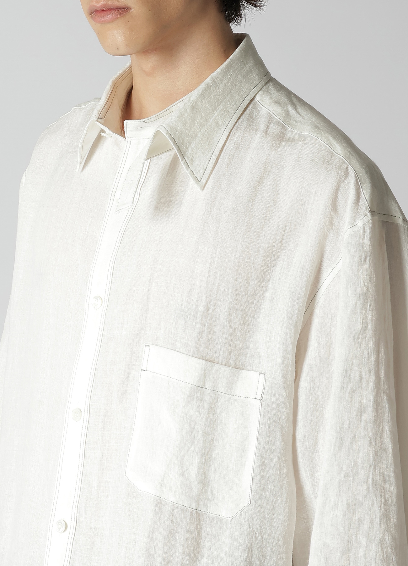 WHITE 60 LINEN LAWN SHIRT WITH ASYMMETRY COLLAR AND COLLOR COMBI DOUBLE STITCH