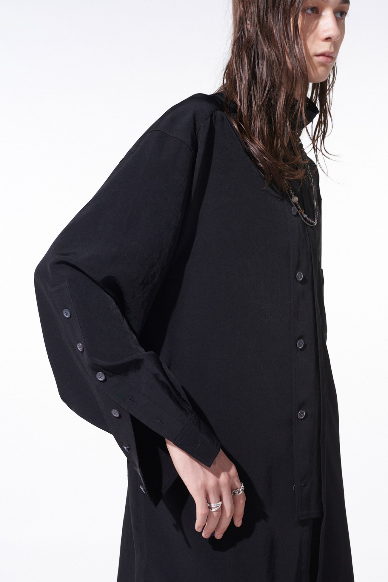 CREPE de CHINE MULTI-BUTTONED SLEEVES STAND COLLAR SHIRT