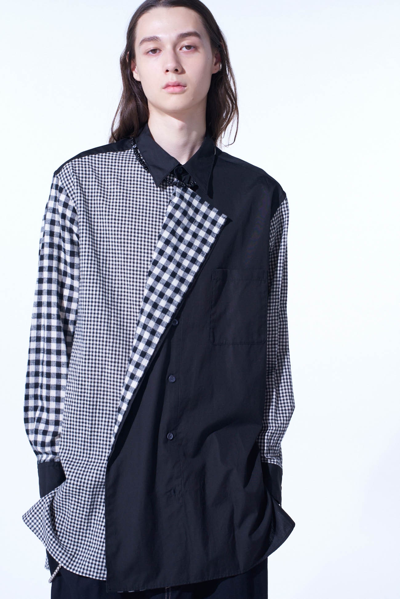 GINGHAM CHECK COMBINATION DRAPED SHIRT