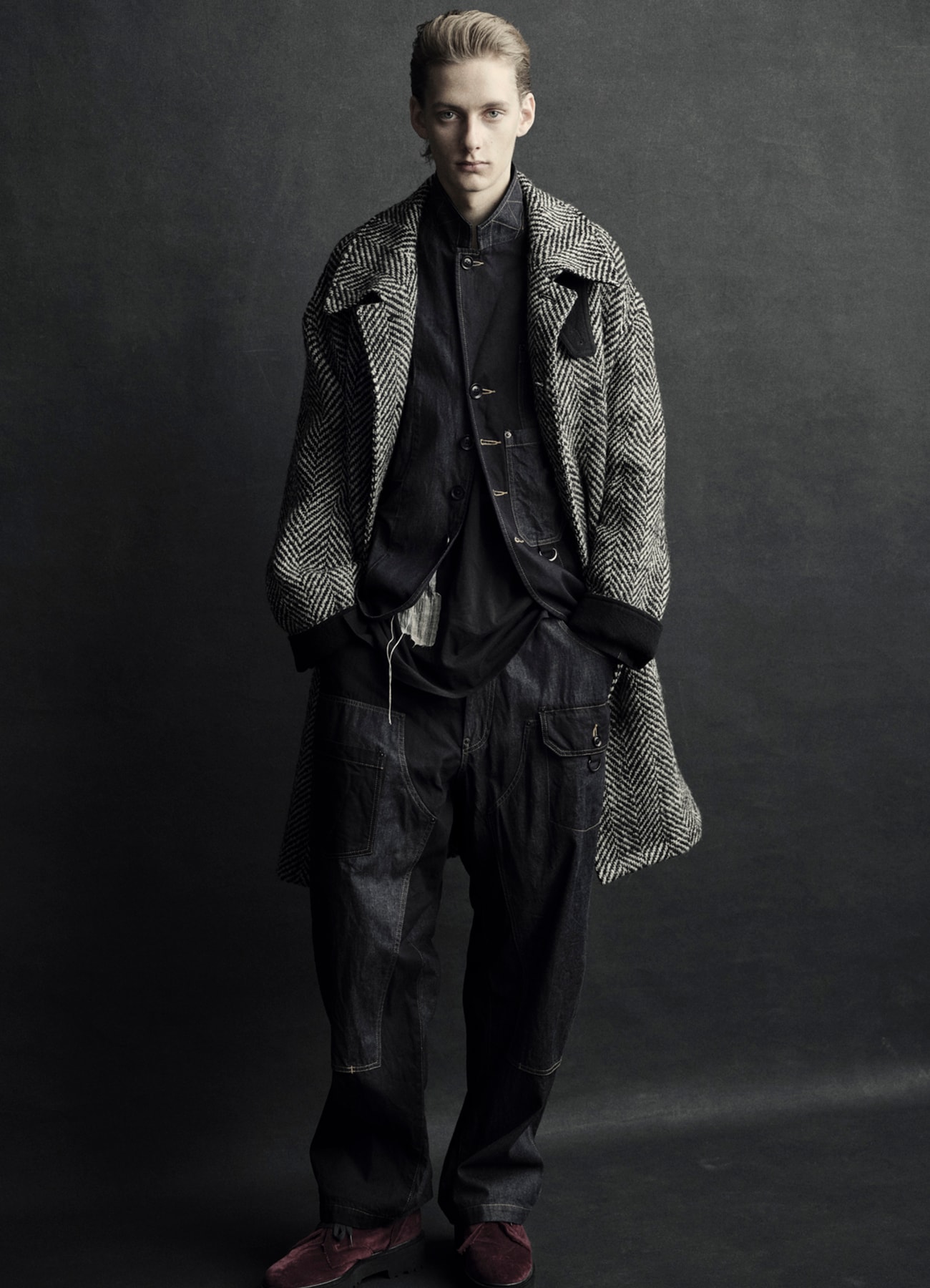 【11/21～11/25 Y's OMOTESANDO 先行販売】HERRINGBONE TWEED OVERSIZED SOUTIEN COLLAR COAT