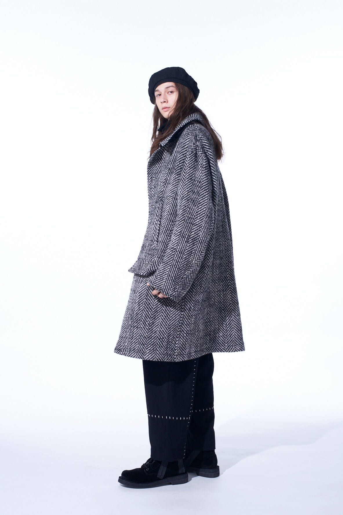 【11/21～11/25 Y's OMOTESANDO 先行販売】HERRINGBONE TWEED OVERSIZED SOUTIEN COLLAR COAT