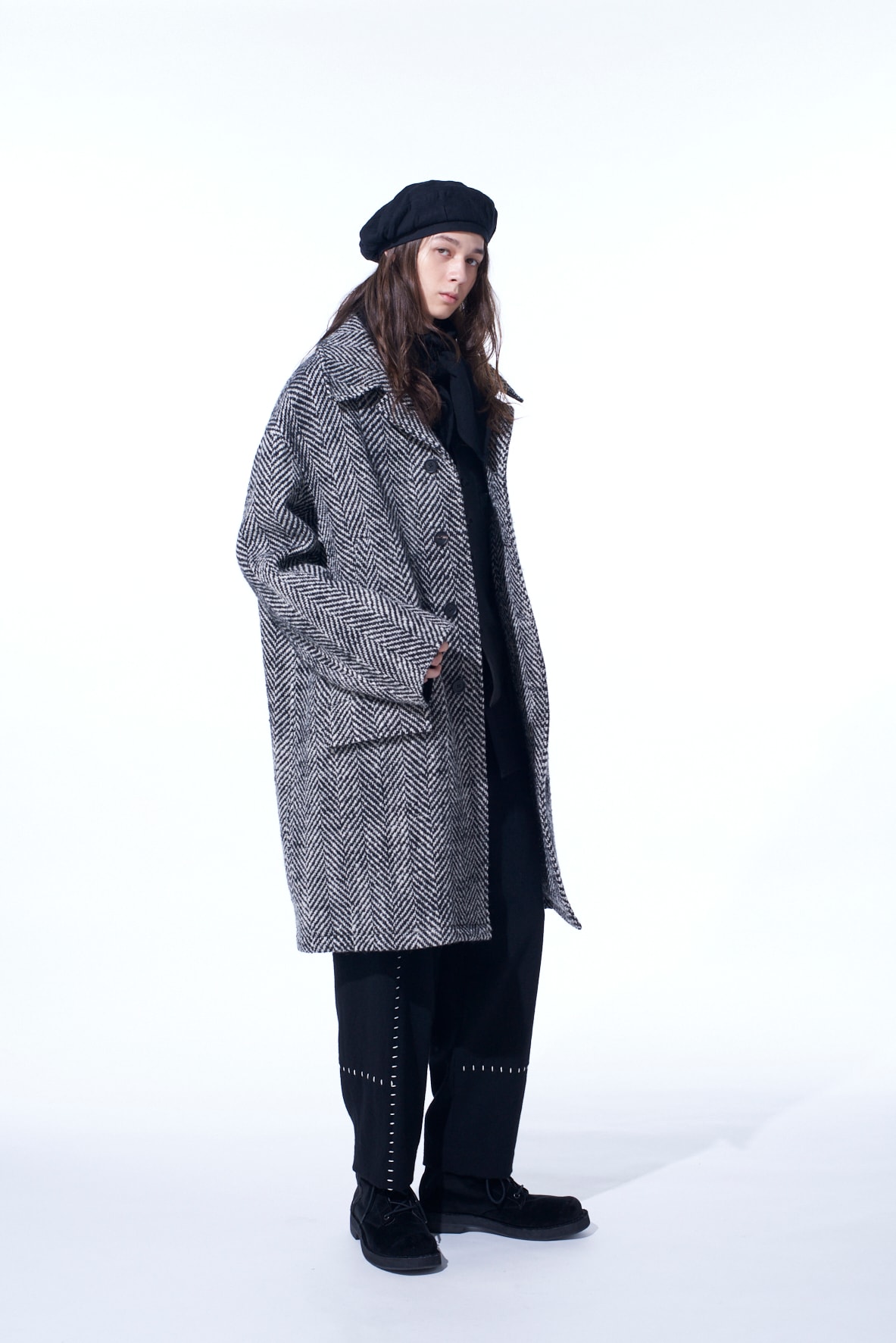 【11/21～11/25 Y's OMOTESANDO 先行販売】HERRINGBONE TWEED OVERSIZED SOUTIEN COLLAR COAT