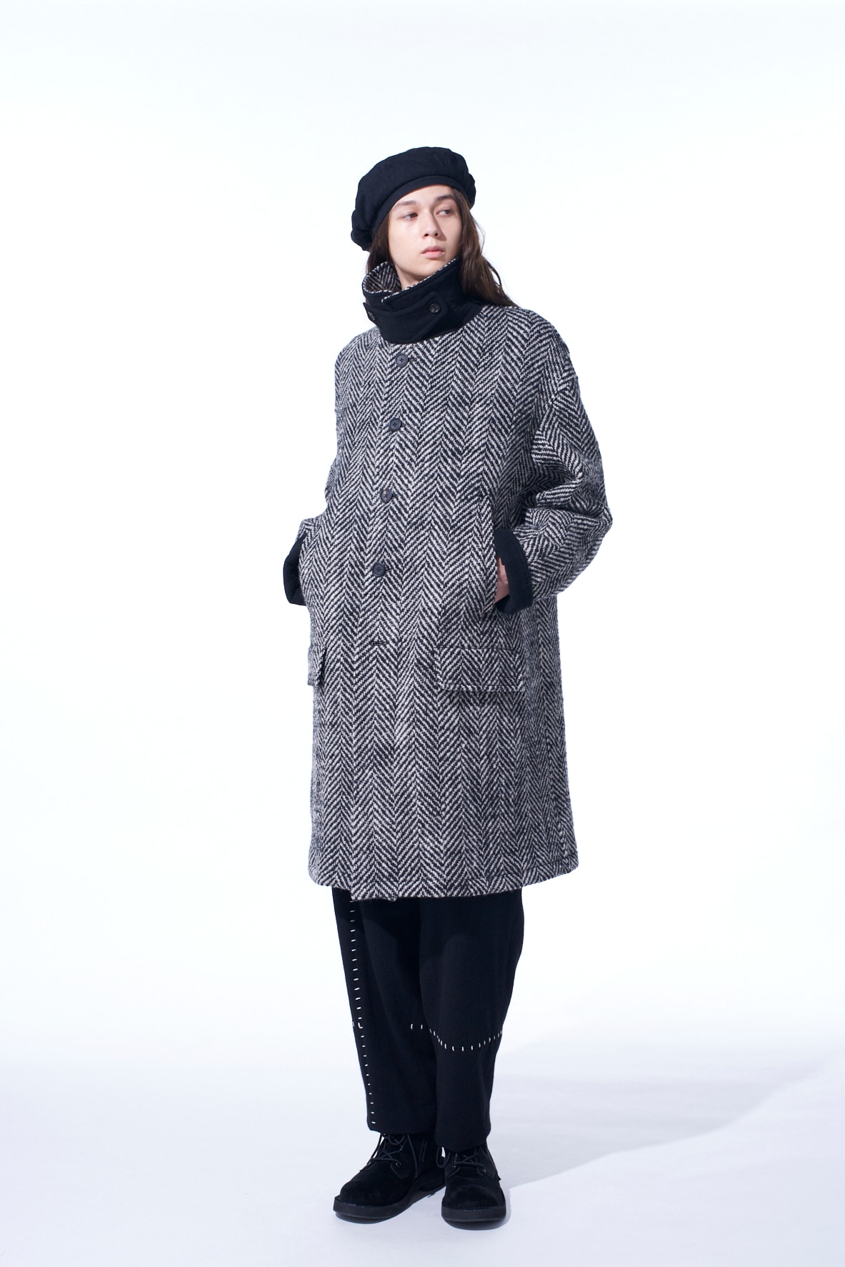 【11/21～11/25 Y's OMOTESANDO 先行販売】HERRINGBONE TWEED OVERSIZED SOUTIEN COLLAR COAT