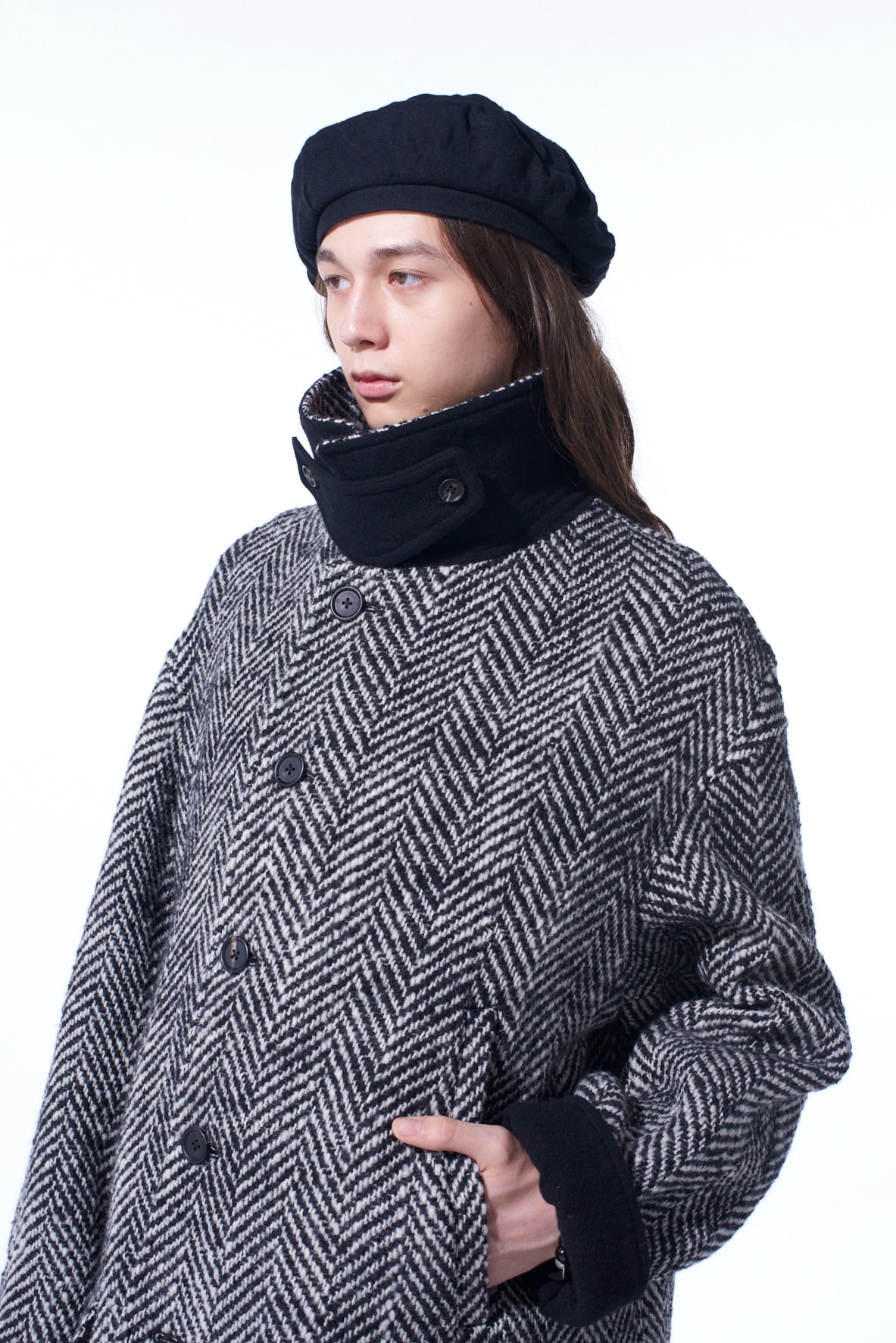 【11/21～11/25 Y's OMOTESANDO 先行販売】HERRINGBONE TWEED OVERSIZED SOUTIEN COLLAR COAT