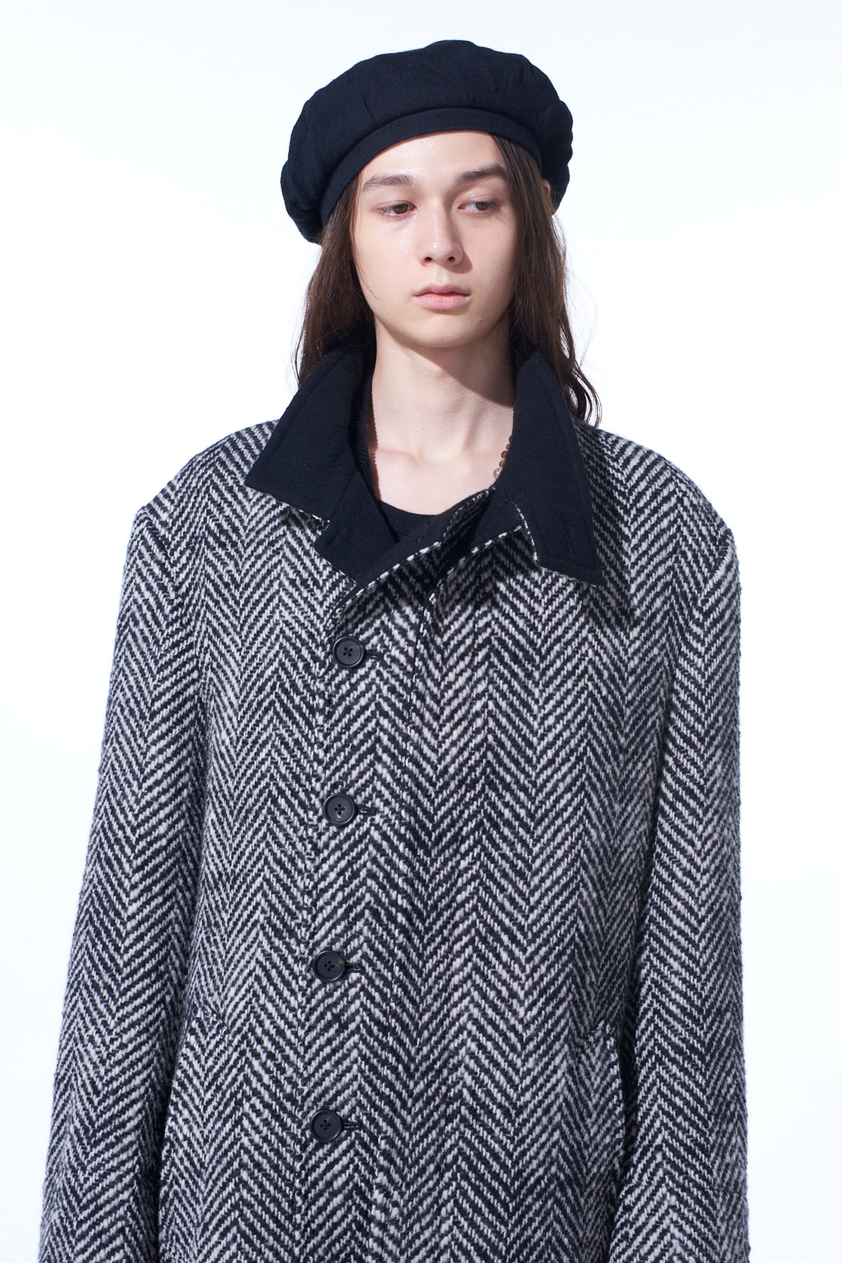 【11/21～11/25 Y's OMOTESANDO 先行販売】HERRINGBONE TWEED STAND COLLAR COAT