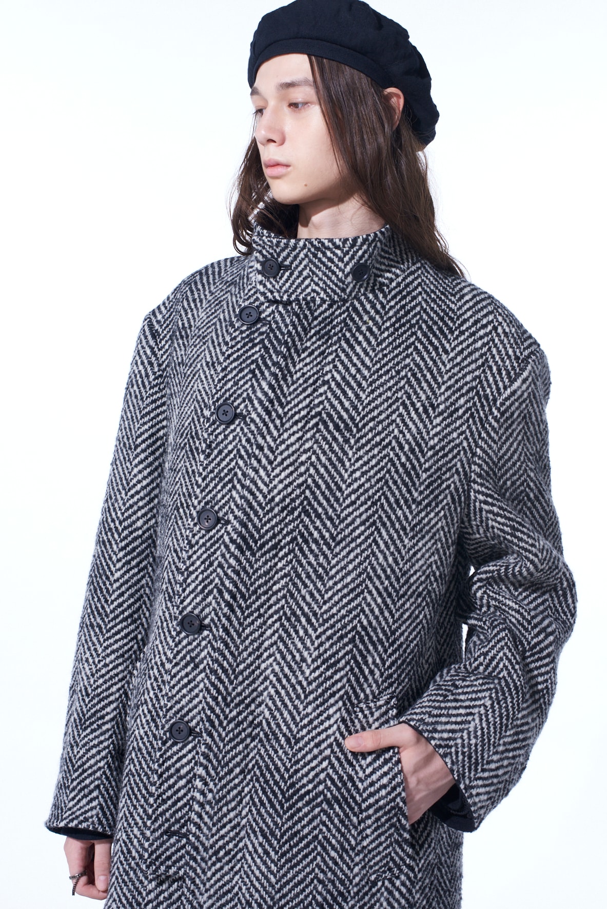 【11/21～11/25 Y's OMOTESANDO 先行販売】HERRINGBONE TWEED STAND COLLAR COAT