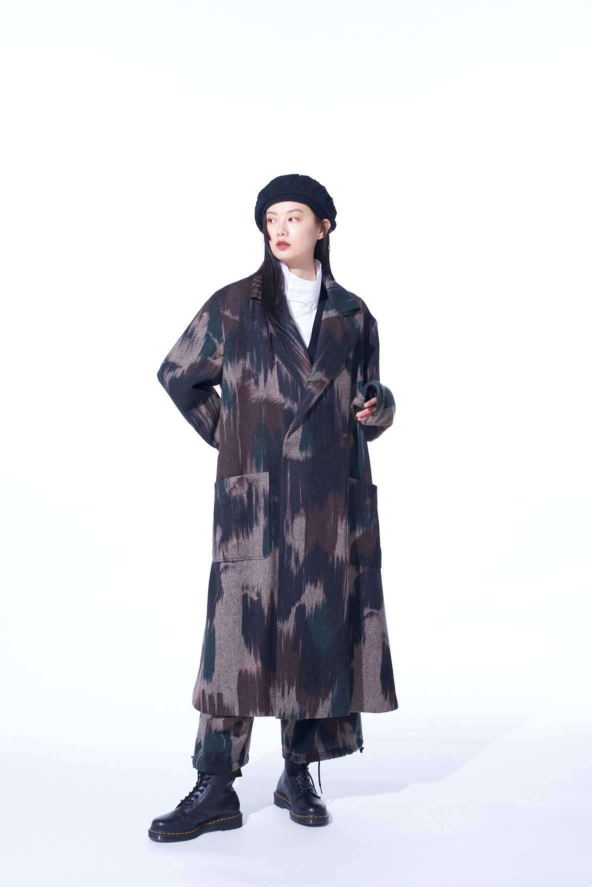 CAMOUFLAGE TWEED DOUBLE-BREASTED SNAP BUTTON LONG COAT