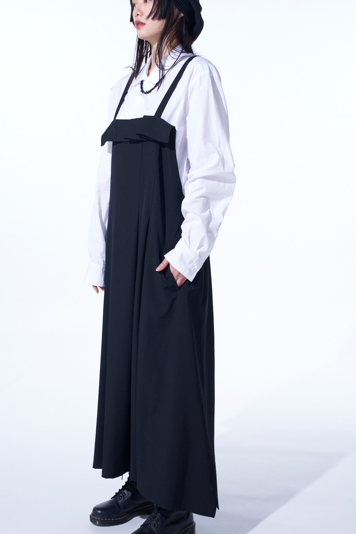 【11/21～11/25 Y's OMOTESANDO 先行販売】WASHER WOOL GABARDINE PLEATED SHOULDER STRAP DRESS