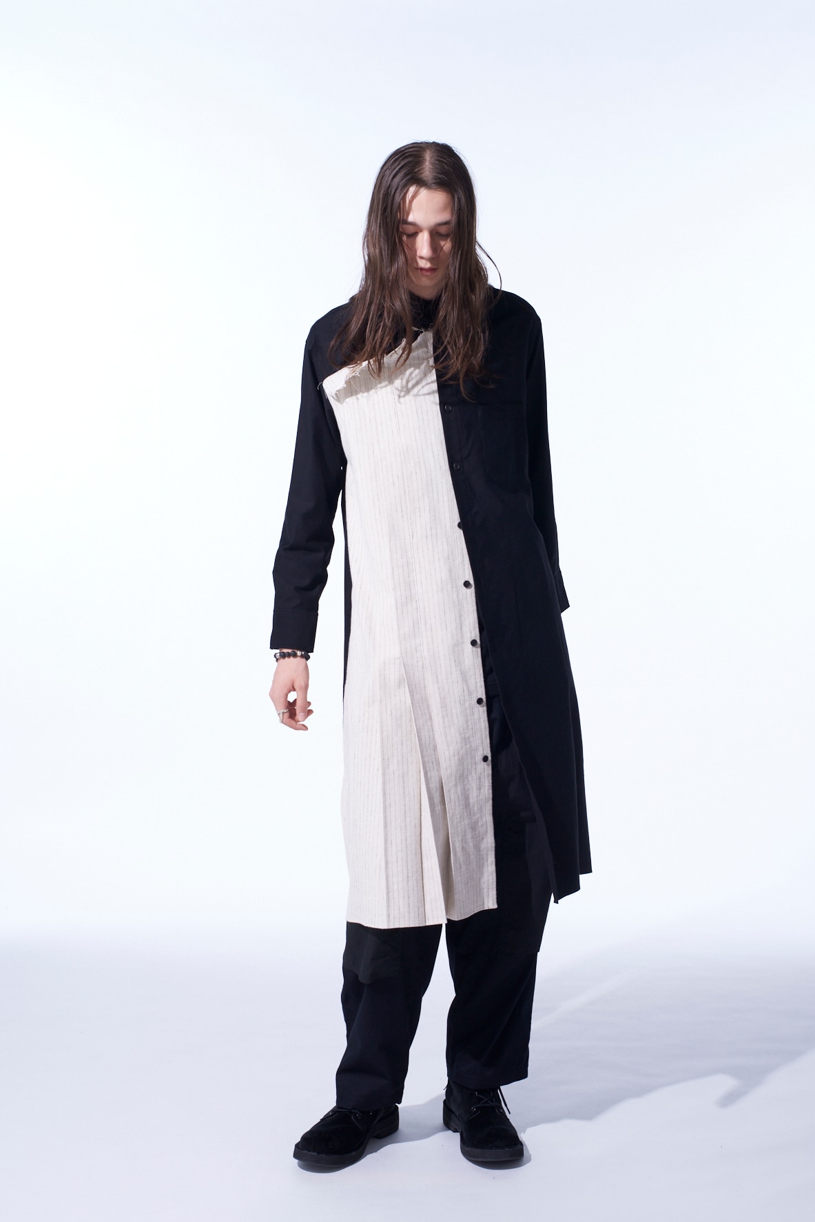 COTTON TWILL SHIRT DRESS WITH STRIPED PLEATED FABRIC