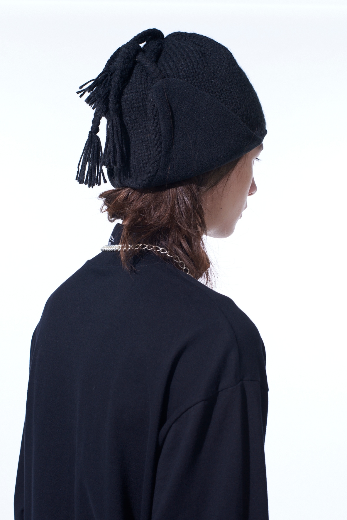 KNIT BEANIE WITH FRINGED EARPIECES