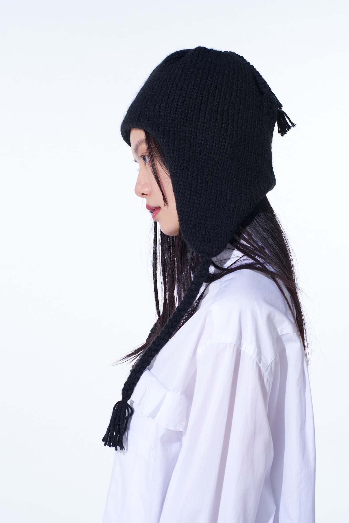 KNIT BEANIE WITH FRINGED EARPIECES