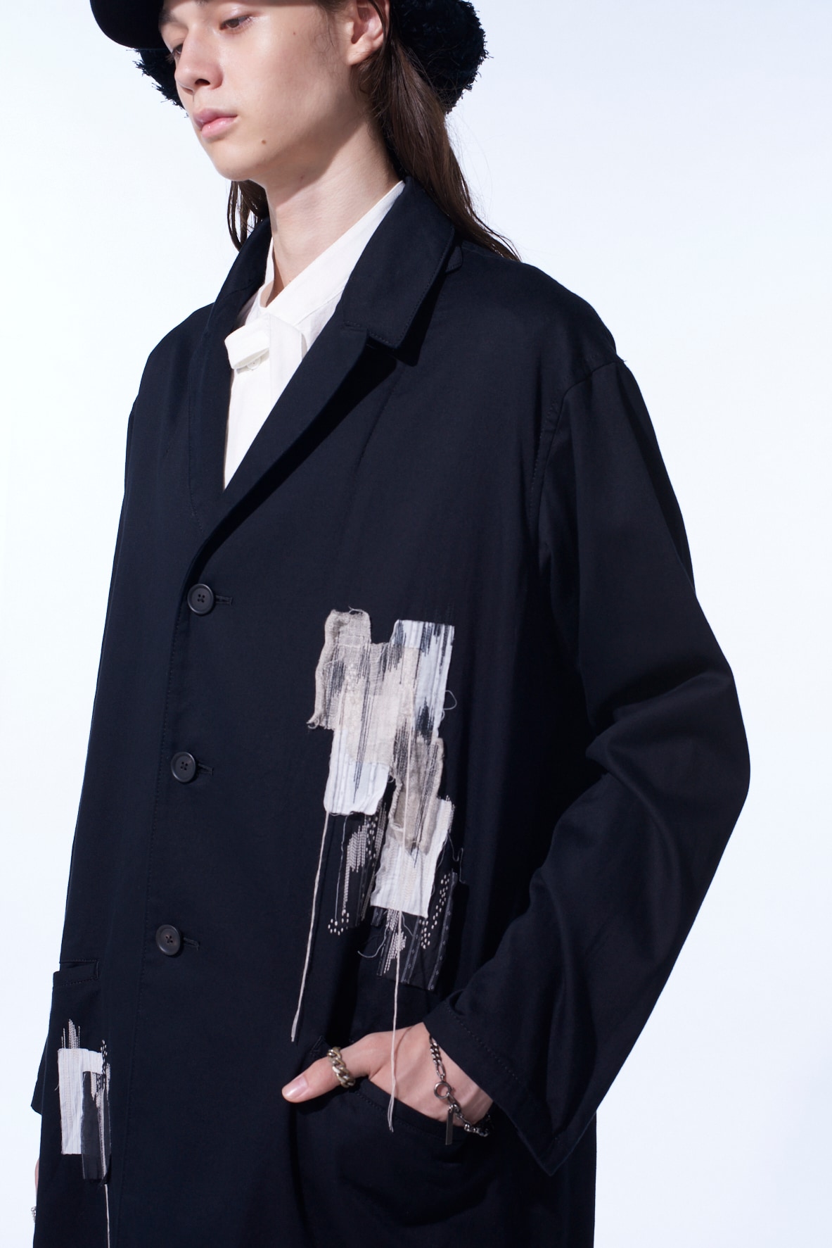 COTTON TWILL "BORO"APPLIQUE LONG JACKET