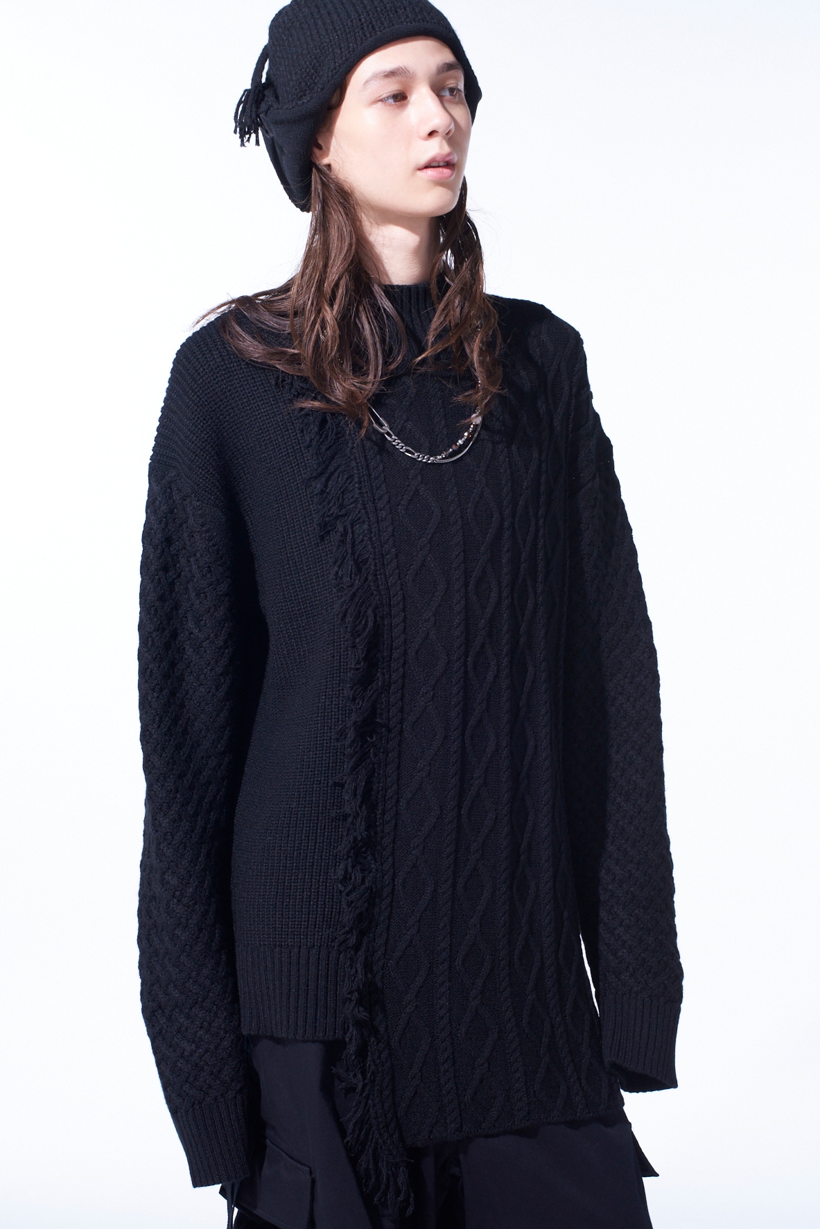 CORPILON BULKY WOOL ASYMMETRICAL FRINGE MOCK NECK KNIT