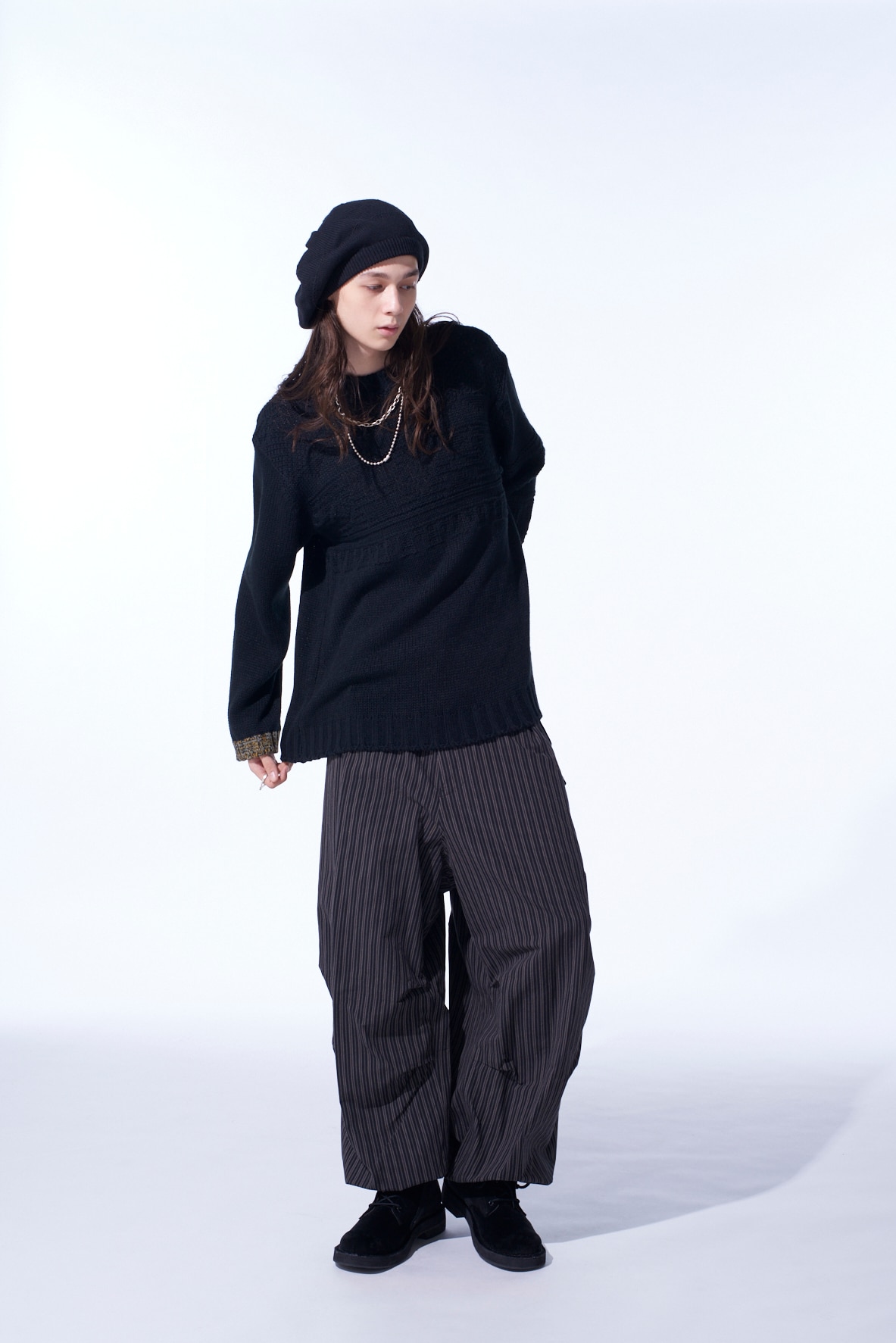 OVERDYED STRIPES KNEE TUCK WIDE PANTS