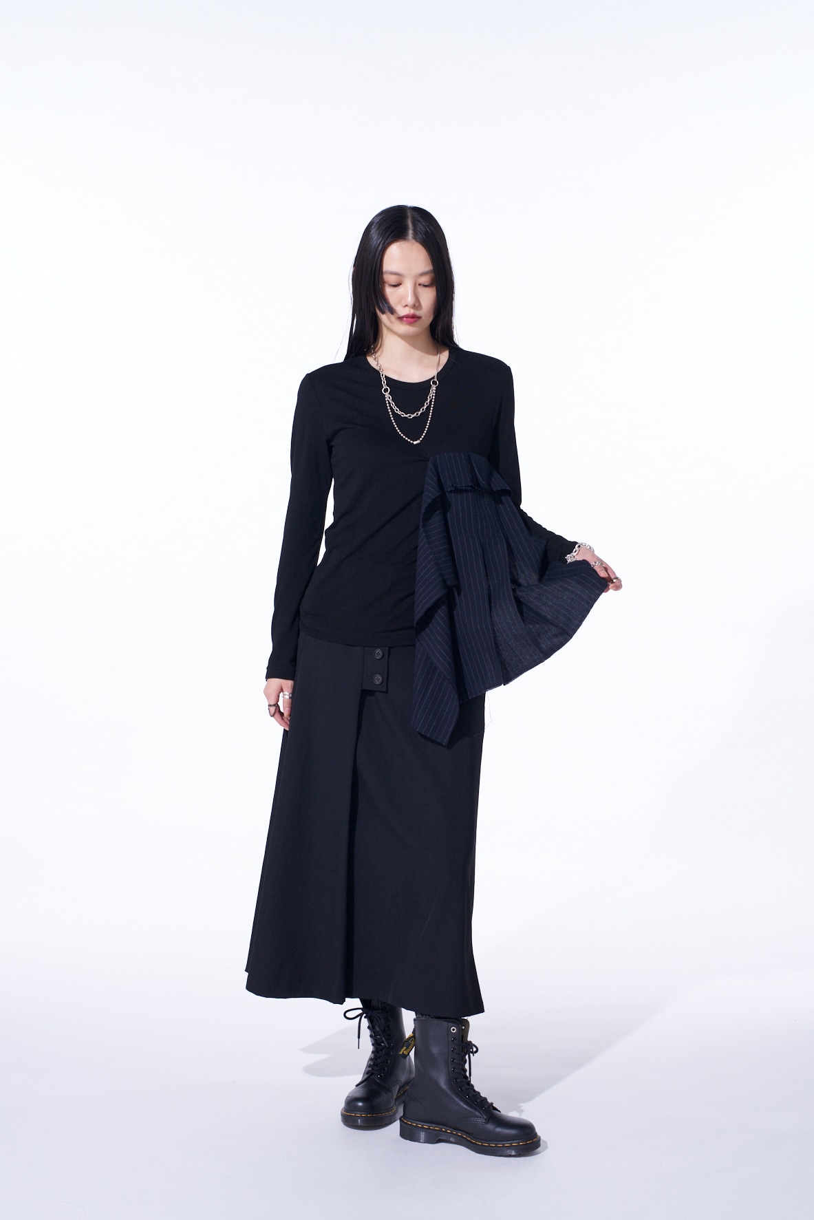 【11/21～11/25 Y's OMOTESANDO 先行販売】RAYON JERSEY LONG-SLEEVED T-SHIRT WITH PLEATED STRIPES FABRIC