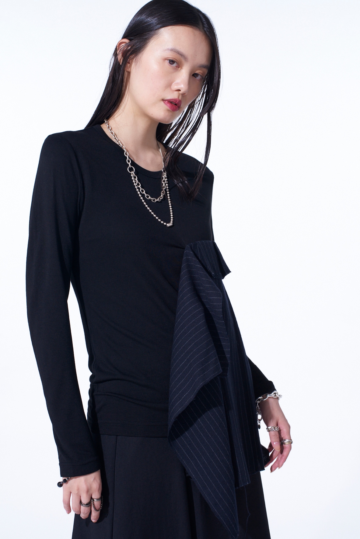 【11/21～11/25 Y's OMOTESANDO 先行販売】RAYON JERSEY LONG-SLEEVED T-SHIRT WITH PLEATED STRIPES FABRIC