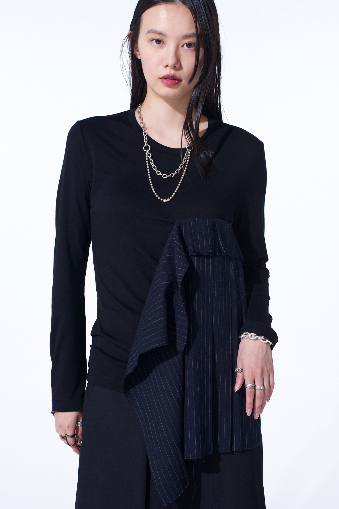 【11/21～11/25 Y's OMOTESANDO 先行販売】RAYON JERSEY LONG-SLEEVED T-SHIRT WITH PLEATED STRIPES FABRIC