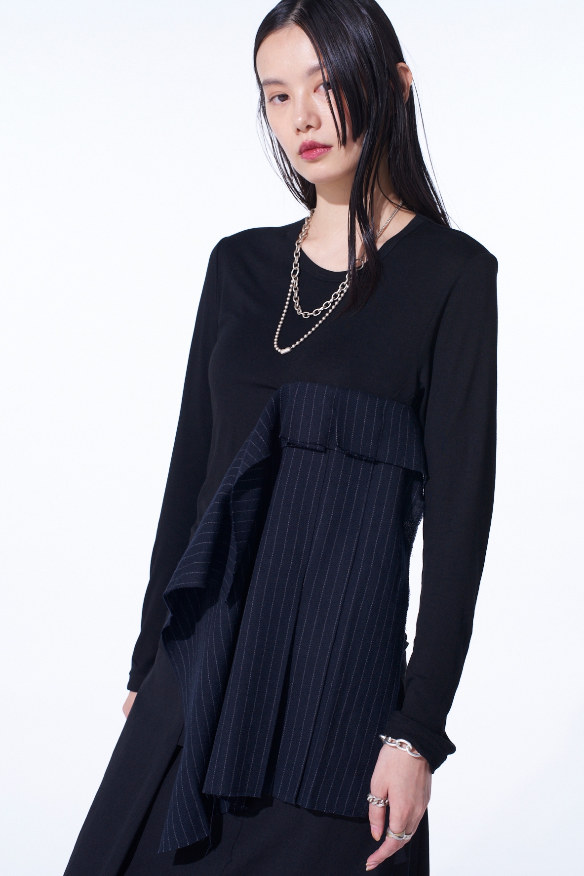 【11/21～11/25 Y's OMOTESANDO 先行販売】RAYON JERSEY LONG-SLEEVED T-SHIRT WITH PLEATED STRIPES FABRIC