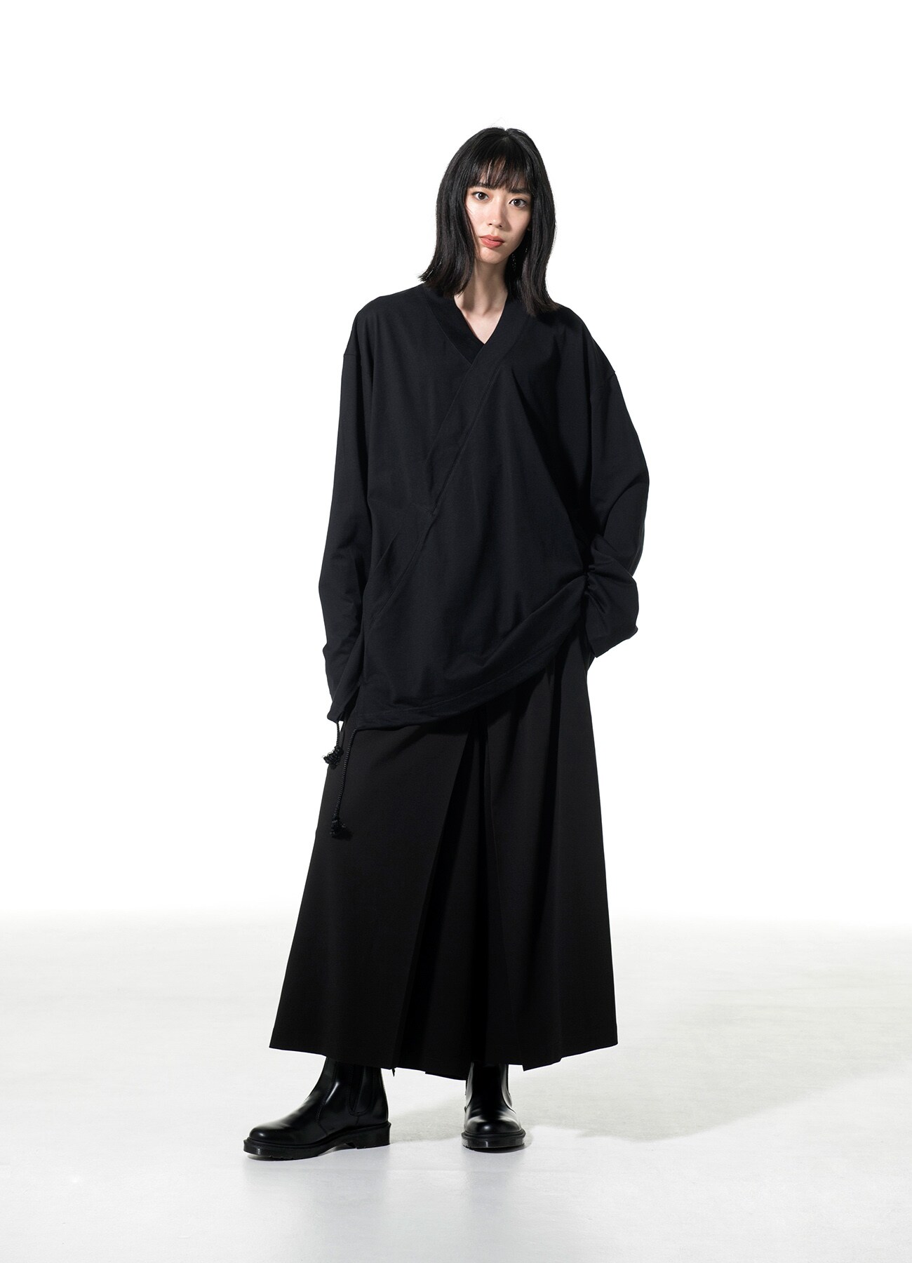 40/2 COTTON JERSEY KIMONO LAYERED DRAWSTRING PULLOVER(M Black): S