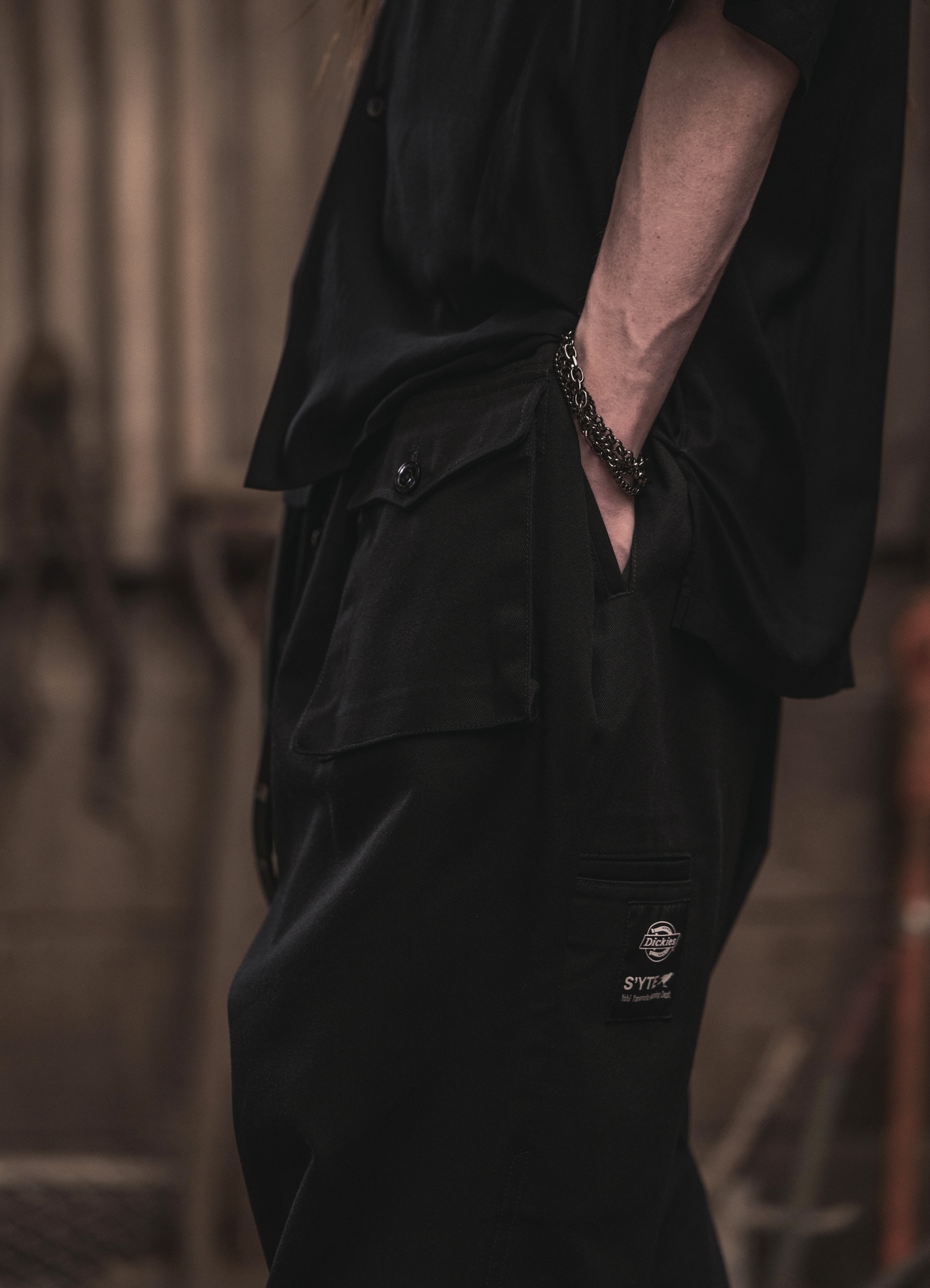S'YTE × DICKIES-ASYMMETRIC FLAP-POCKET TAPERED PANTS