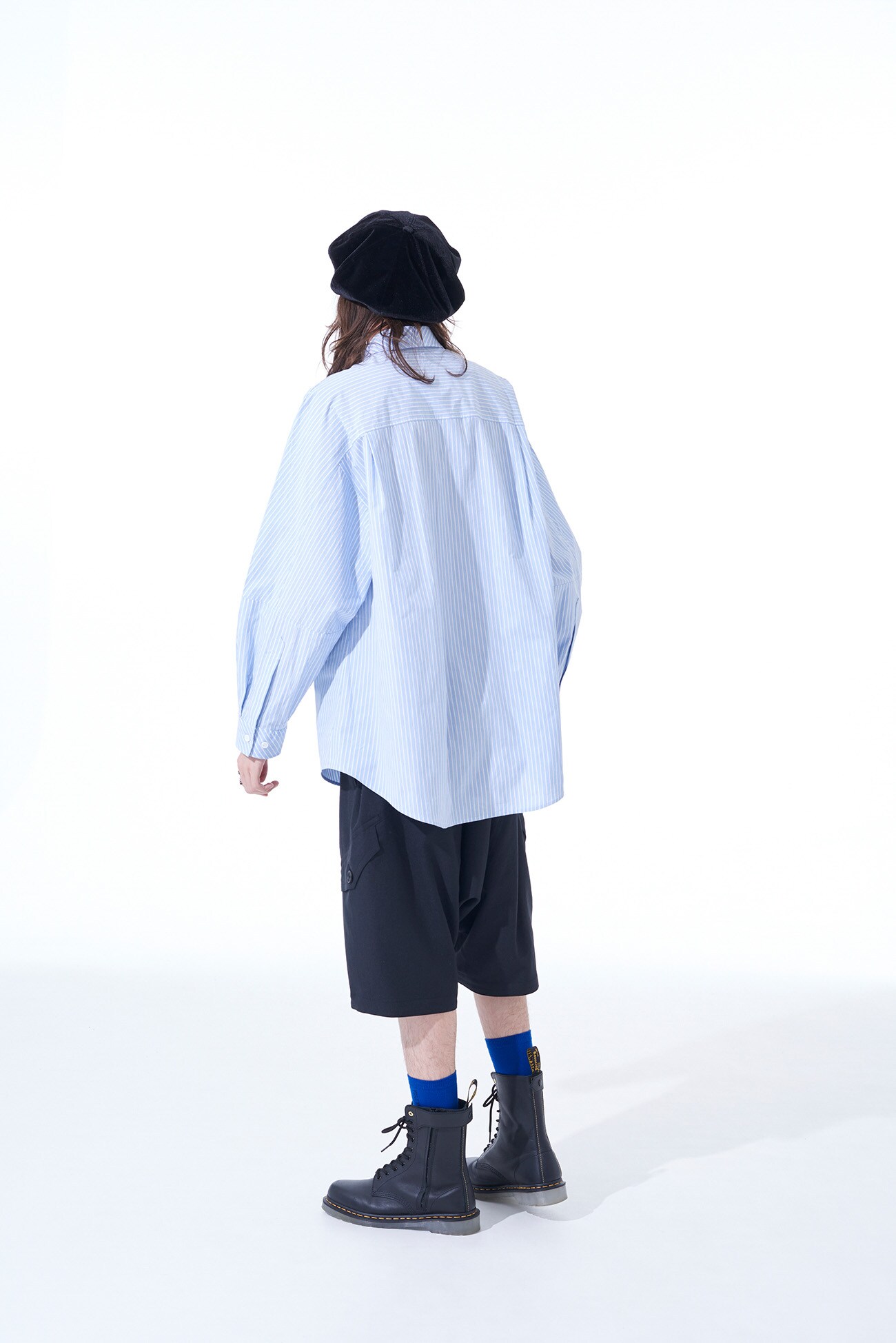 WASHED STRIPE TYPEWRITER OVERSIZED YOKE SLEEVE SHIRT(M Blue): S