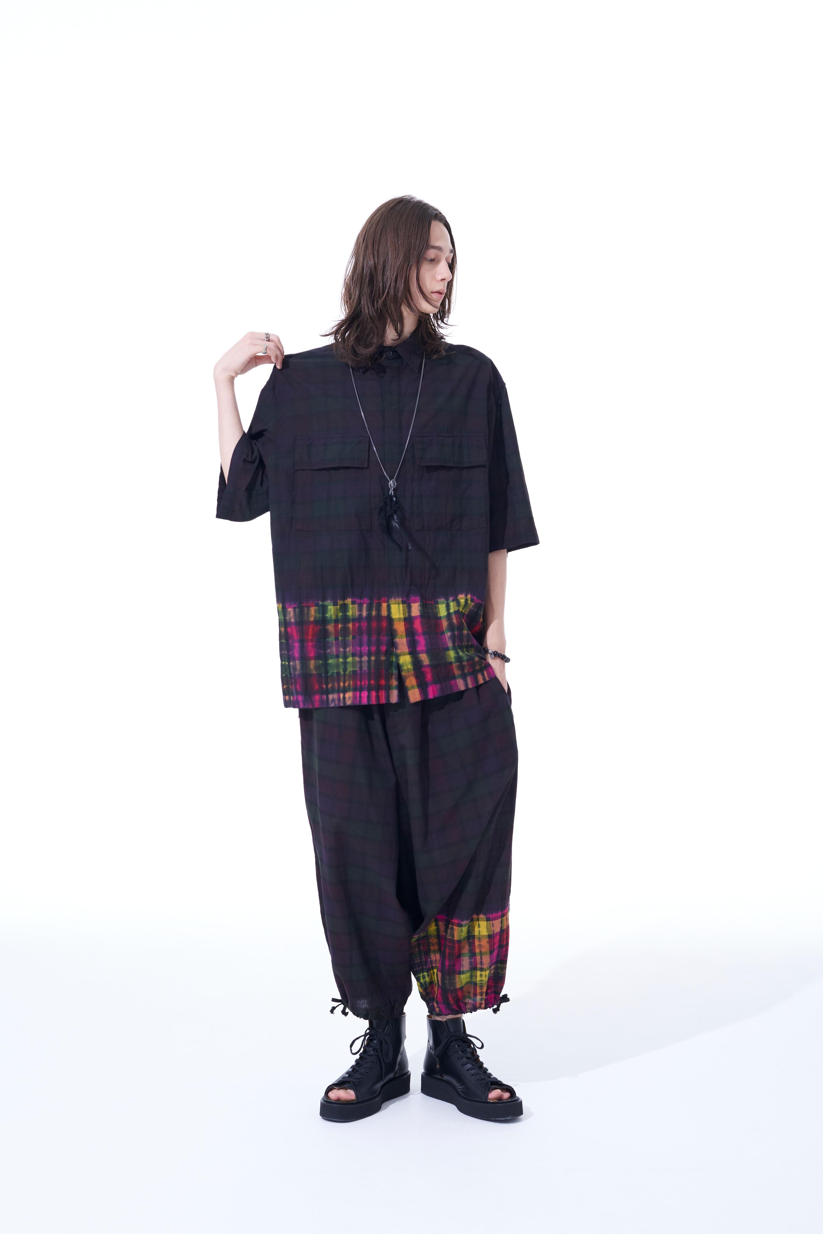 INDIAN MADRAS CHECK TIE-DIE HALF-SLEEVE BIG SHIRT WITH FLAP POCKETS