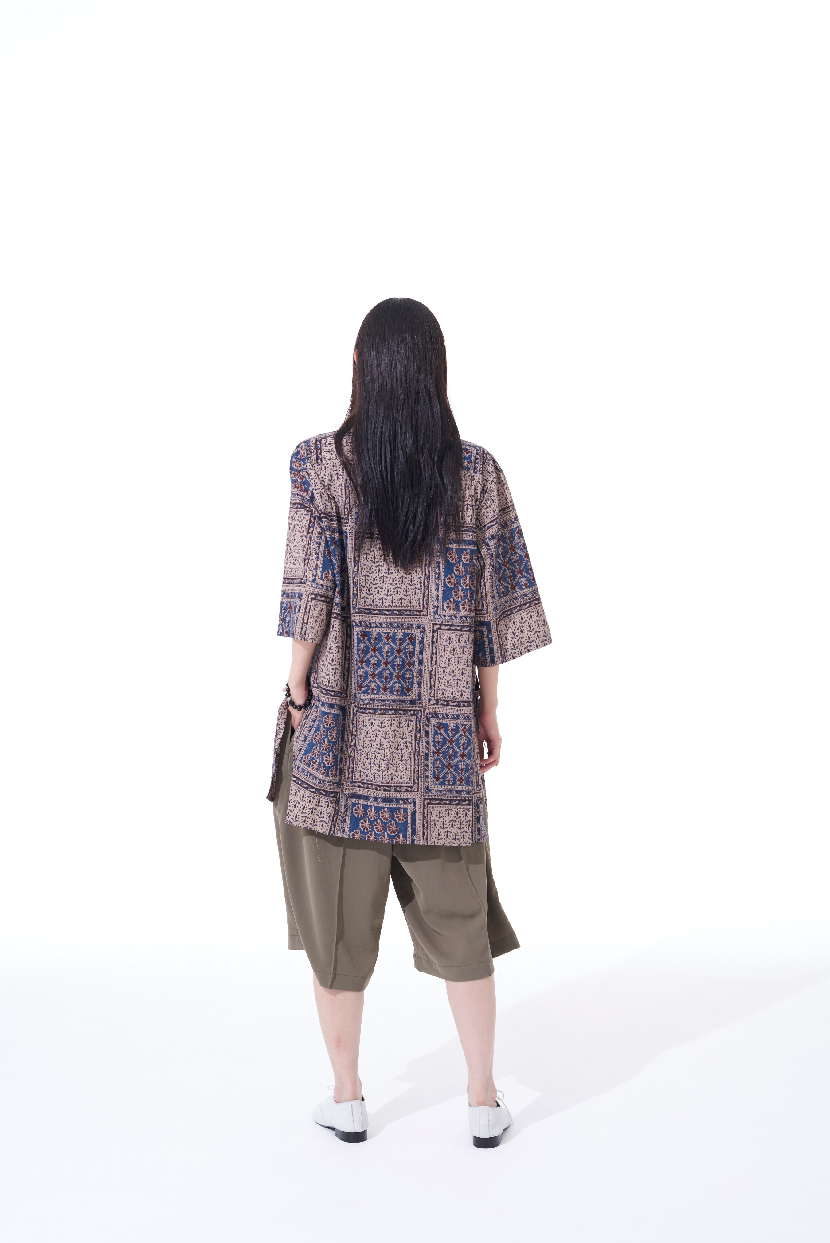 INDIAN BLOCK PRINTED SQUARE PATTERN ETHNIC WRAP SHORT SLEEVE SHIRT