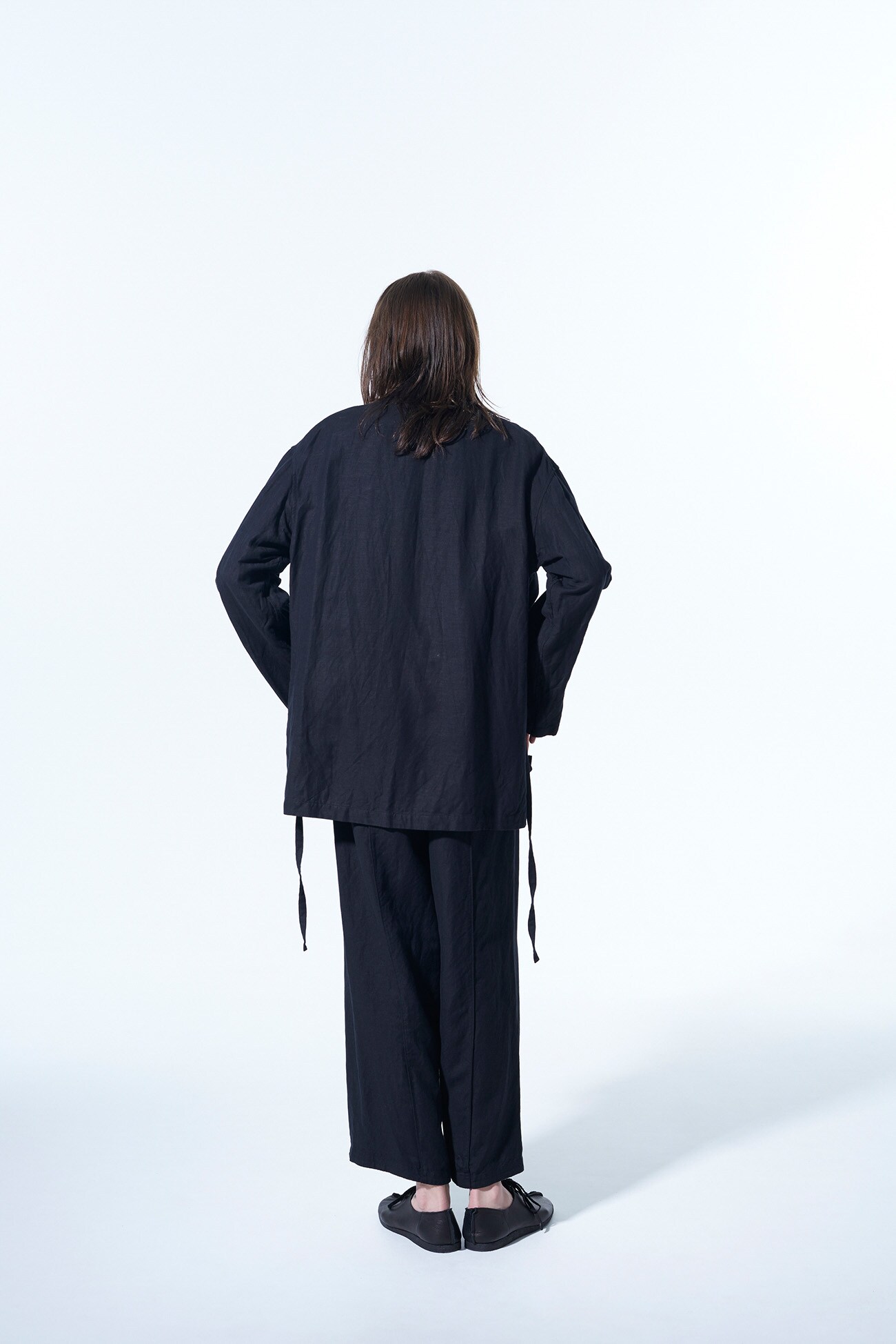 LI/RY EASY CLOTH + STRIPED RIPPLE FABRIC SWITCHED DESIGN WAIST FOLD WIDE PANTS