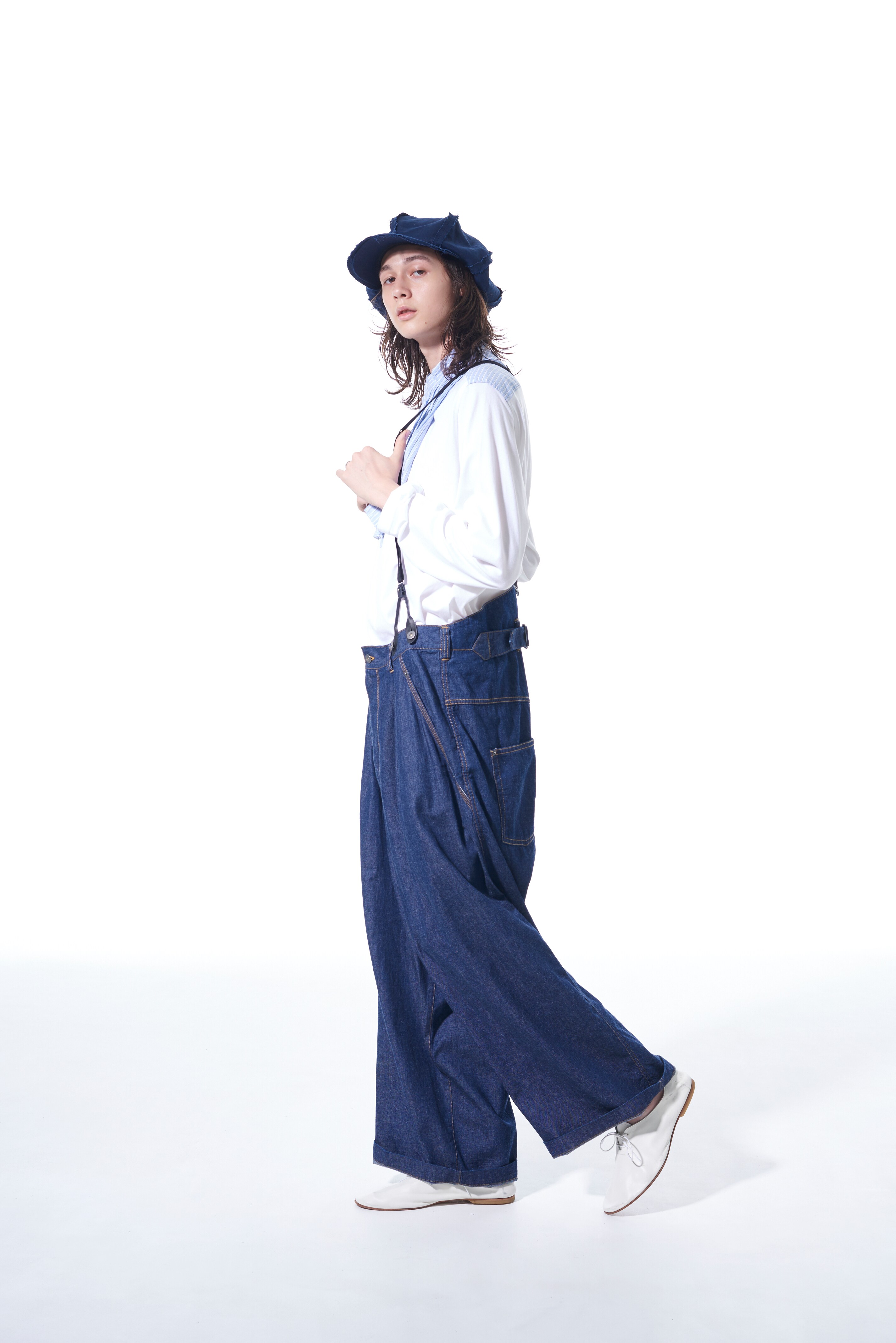 8OZ DENIM BUGGY PANTS WITH SUSPENDER BUTTONS(M Deep Blue): S'YTE