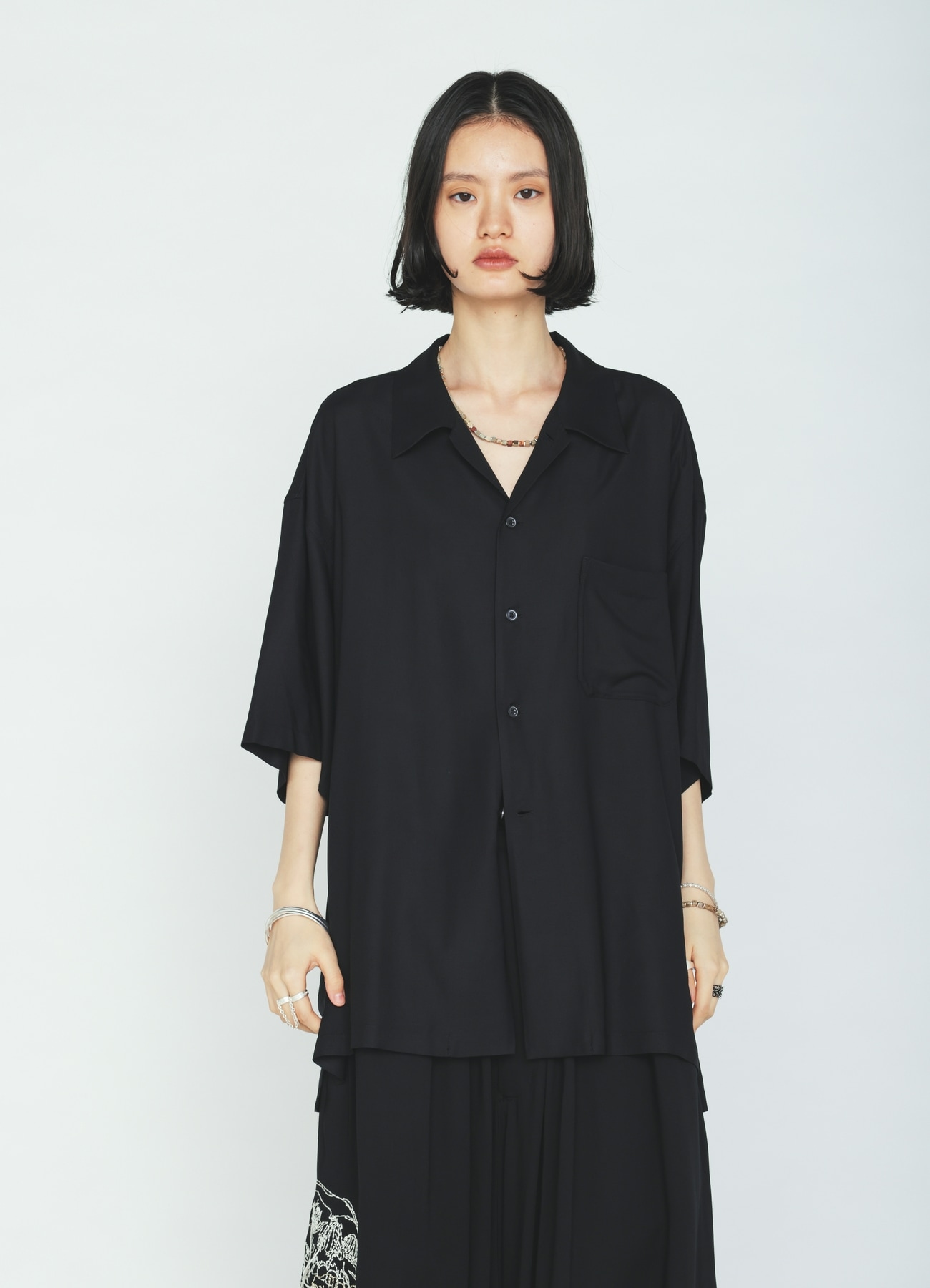 RAYON TWILL SHORT-SLEEVE OPEN COLLAR SHIRT