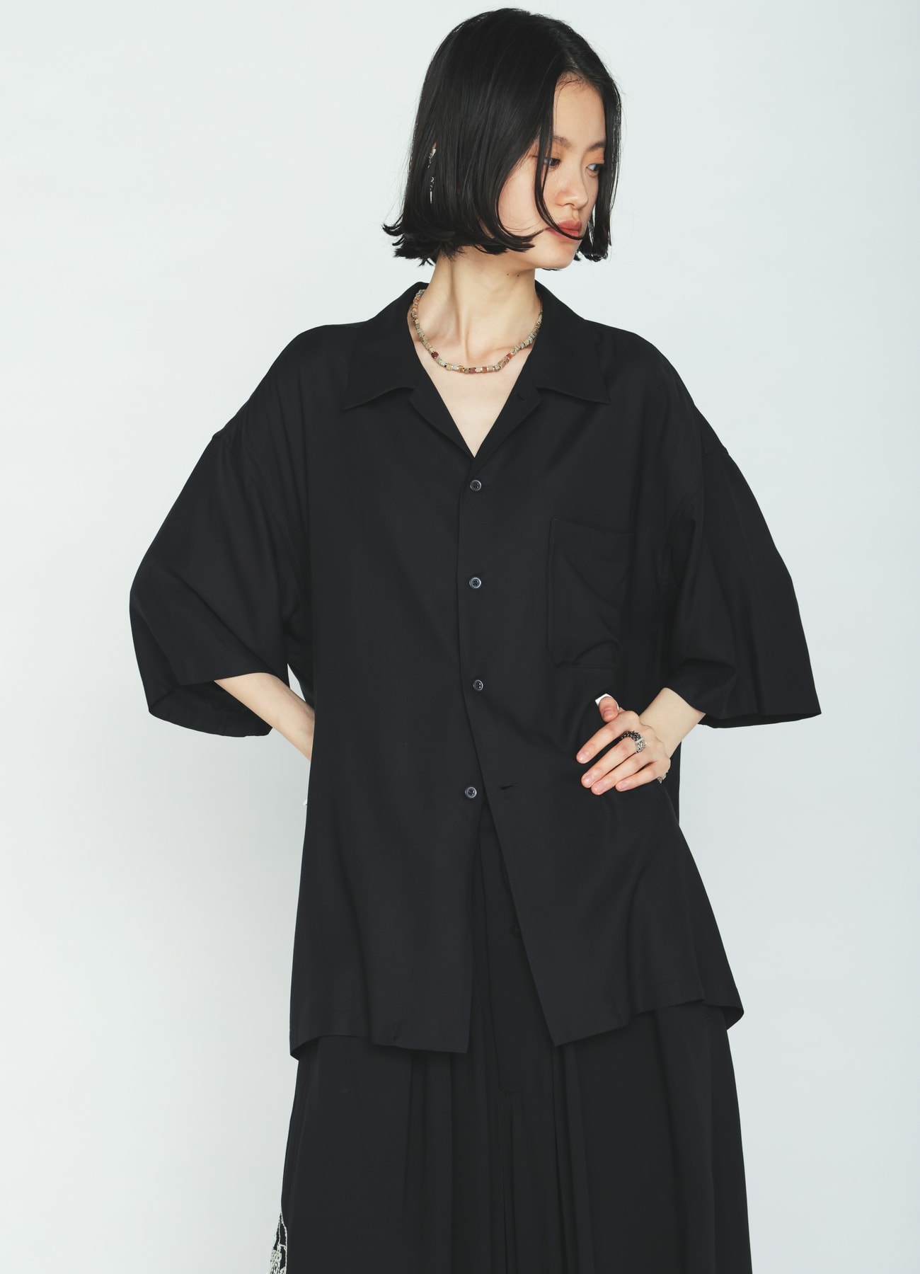 RAYON TWILL SHORT-SLEEVE OPEN COLLAR SHIRT