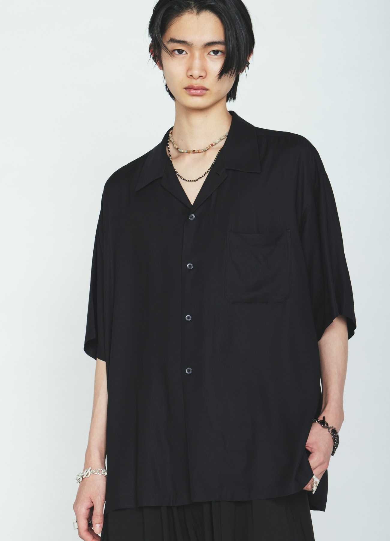 RAYON TWILL SHORT-SLEEVE OPEN COLLAR SHIRT