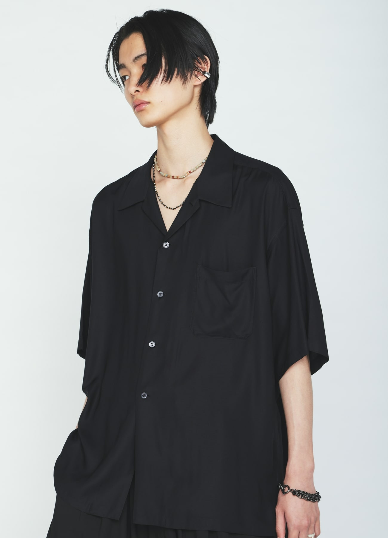 RAYON TWILL SHORT-SLEEVE OPEN COLLAR SHIRT
